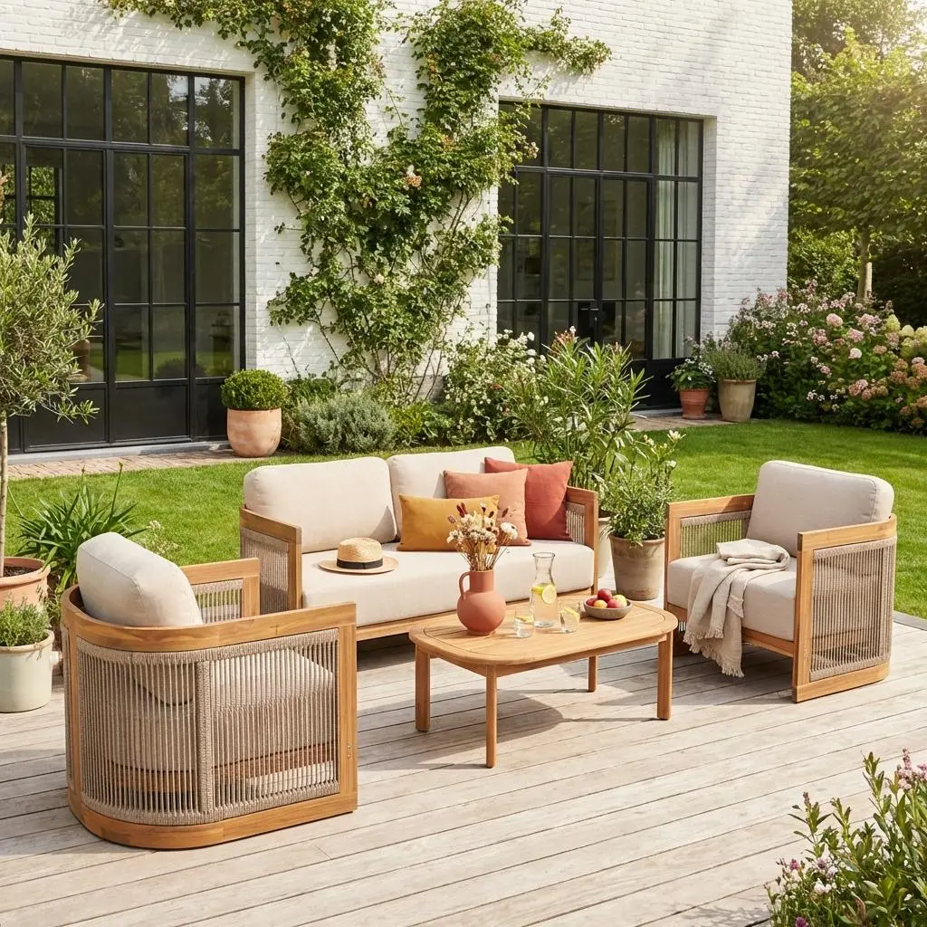 Salon de jardin bois d'acacia et cordes 4 places