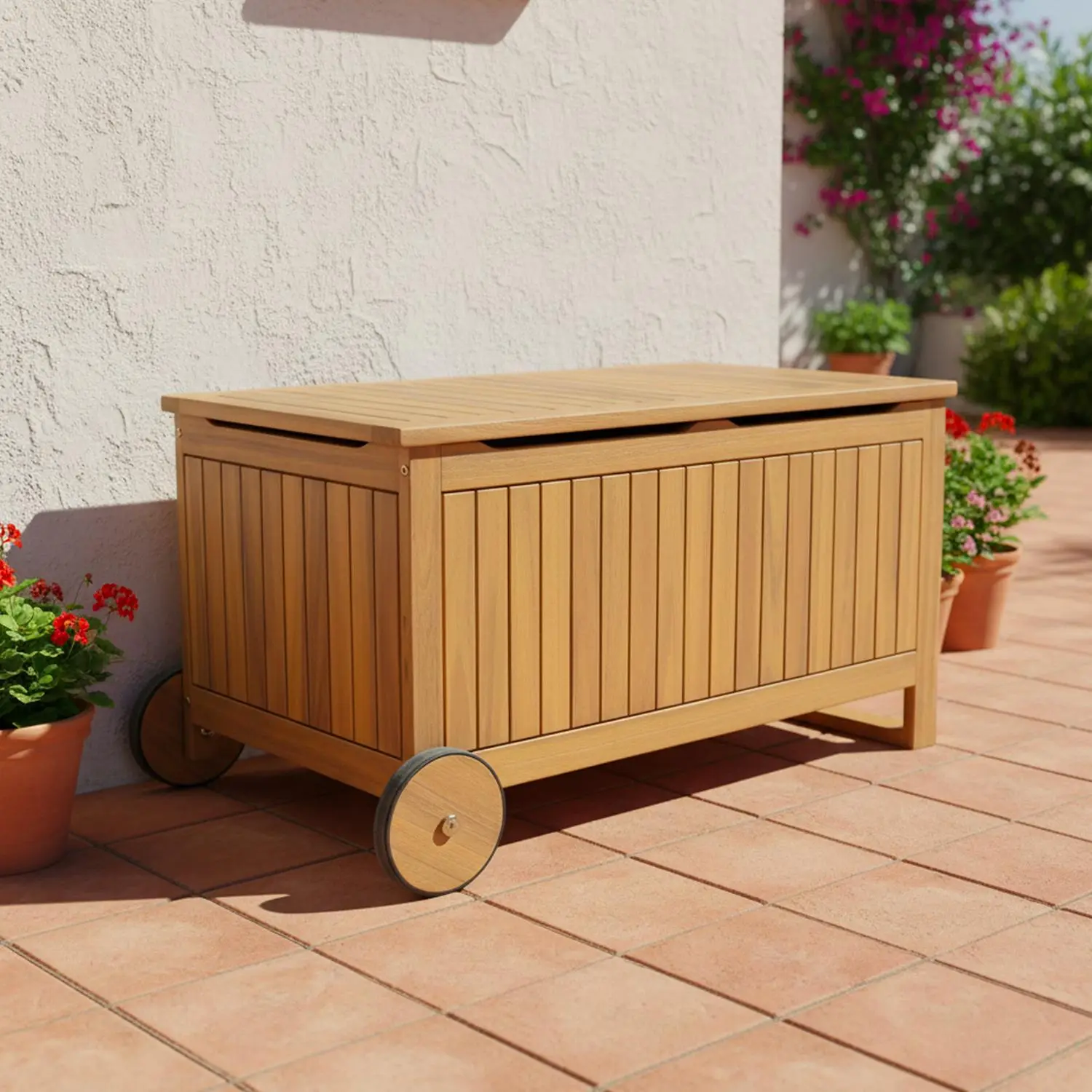 Coffre de jardin bois d'acacia avec roulettes 119L