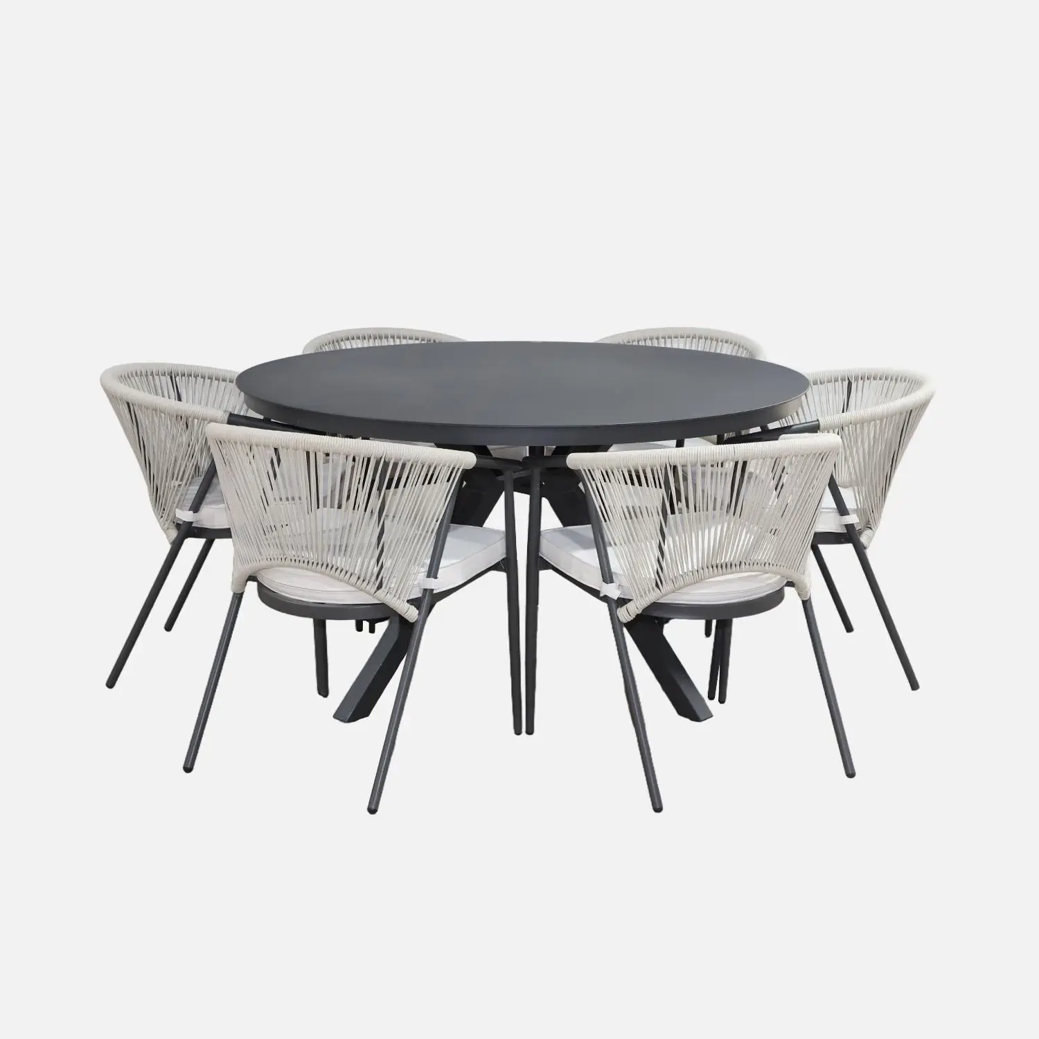 Table de jardin ronde aluminium et verre + 6 assises