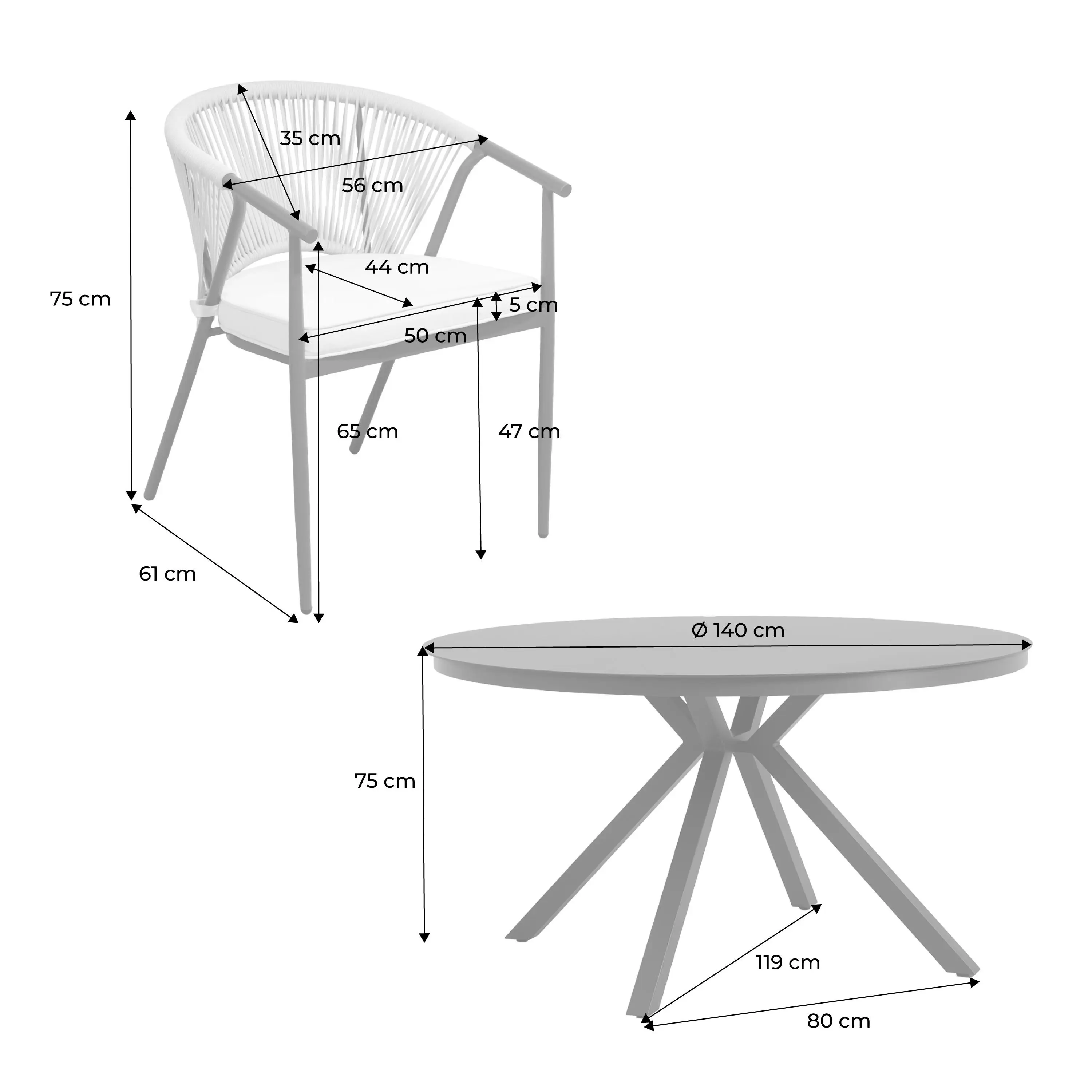 Table de jardin ronde aluminium et verre + 6 assises