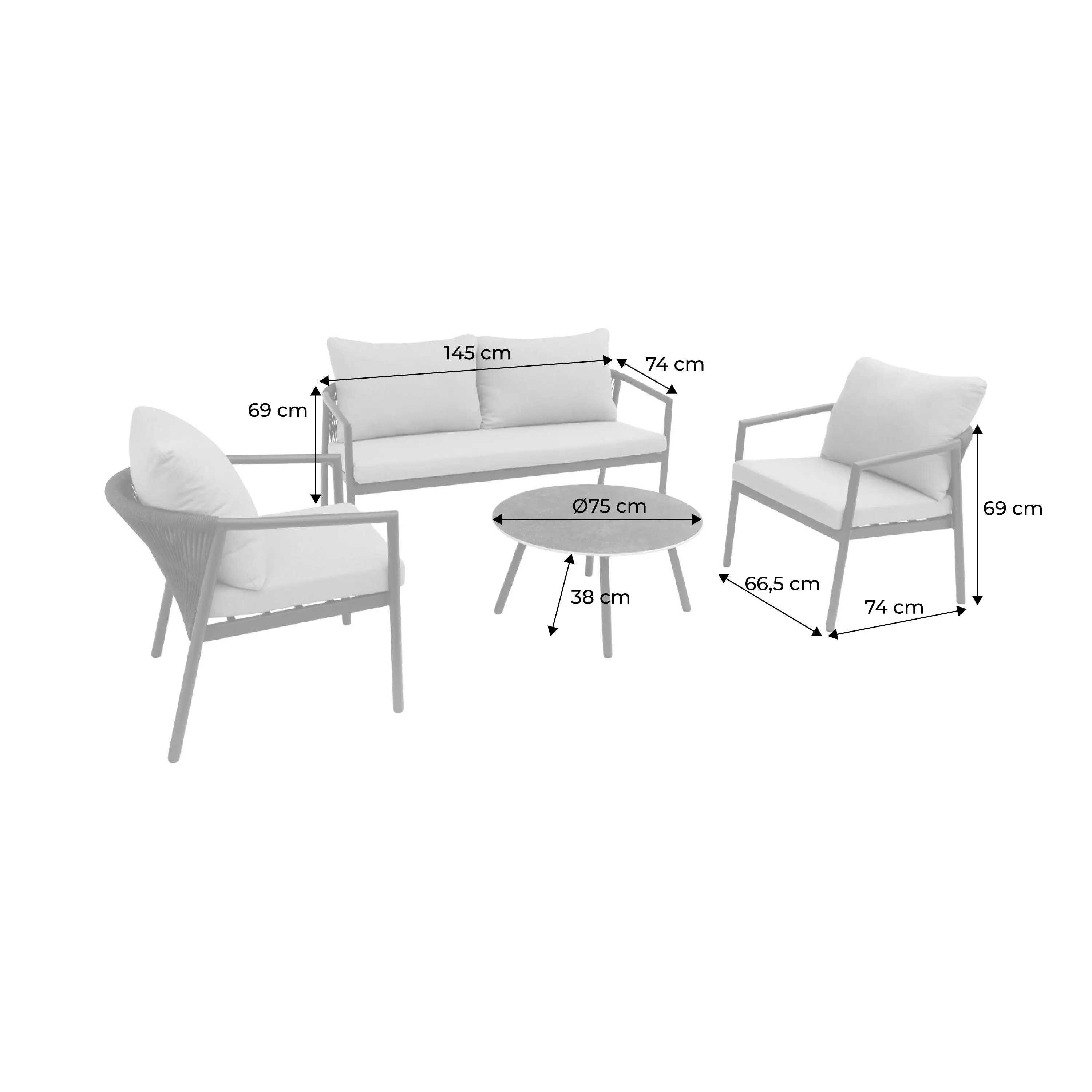 Salon de jardin aluminium et cordes 4 places