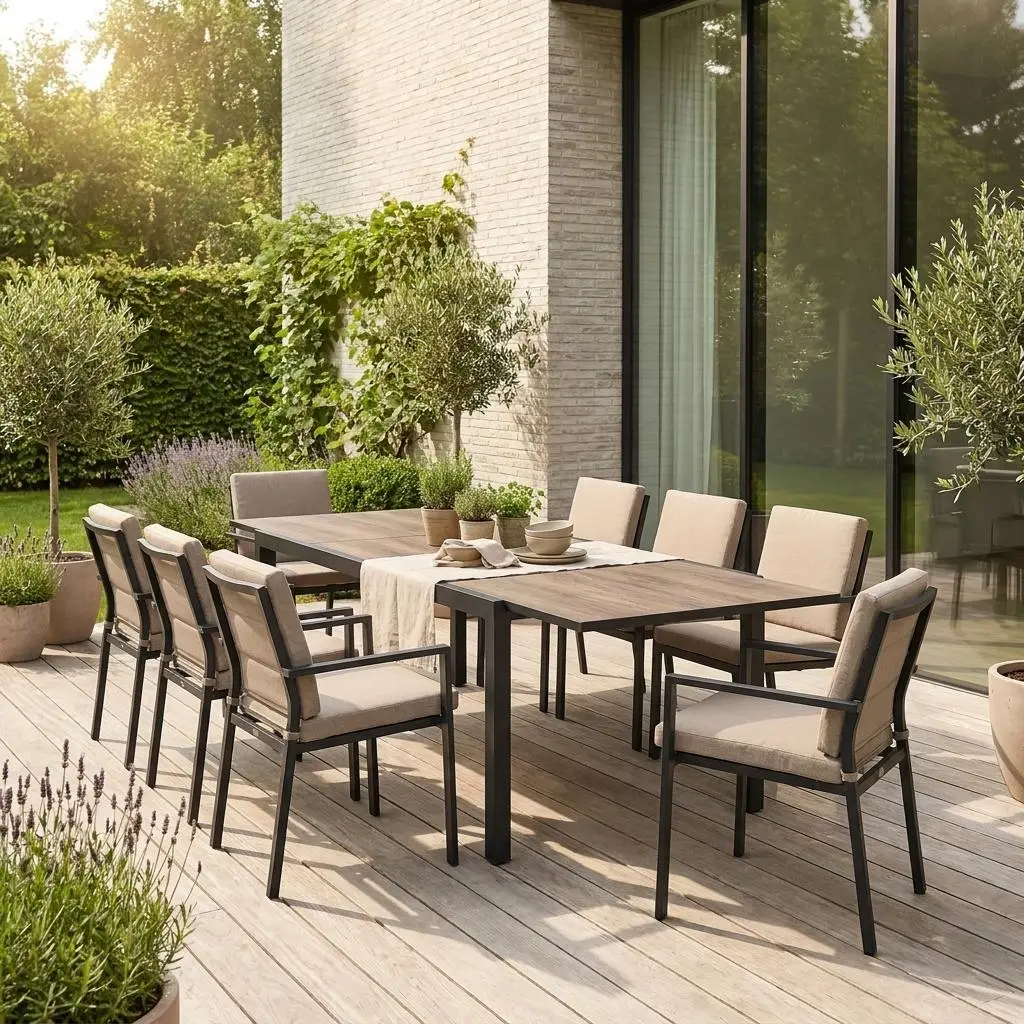 Table de jardin extensible aluminium effet bois 8 places