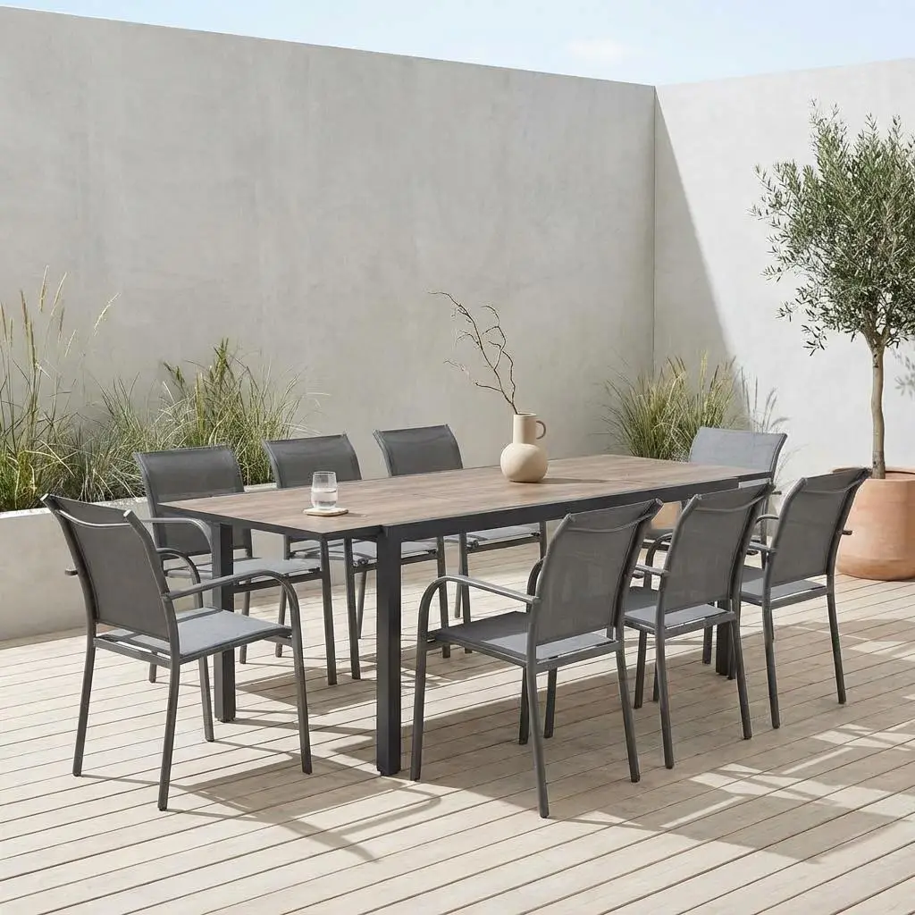 Table de jardin extensible aluminium décor bois + 8 assises