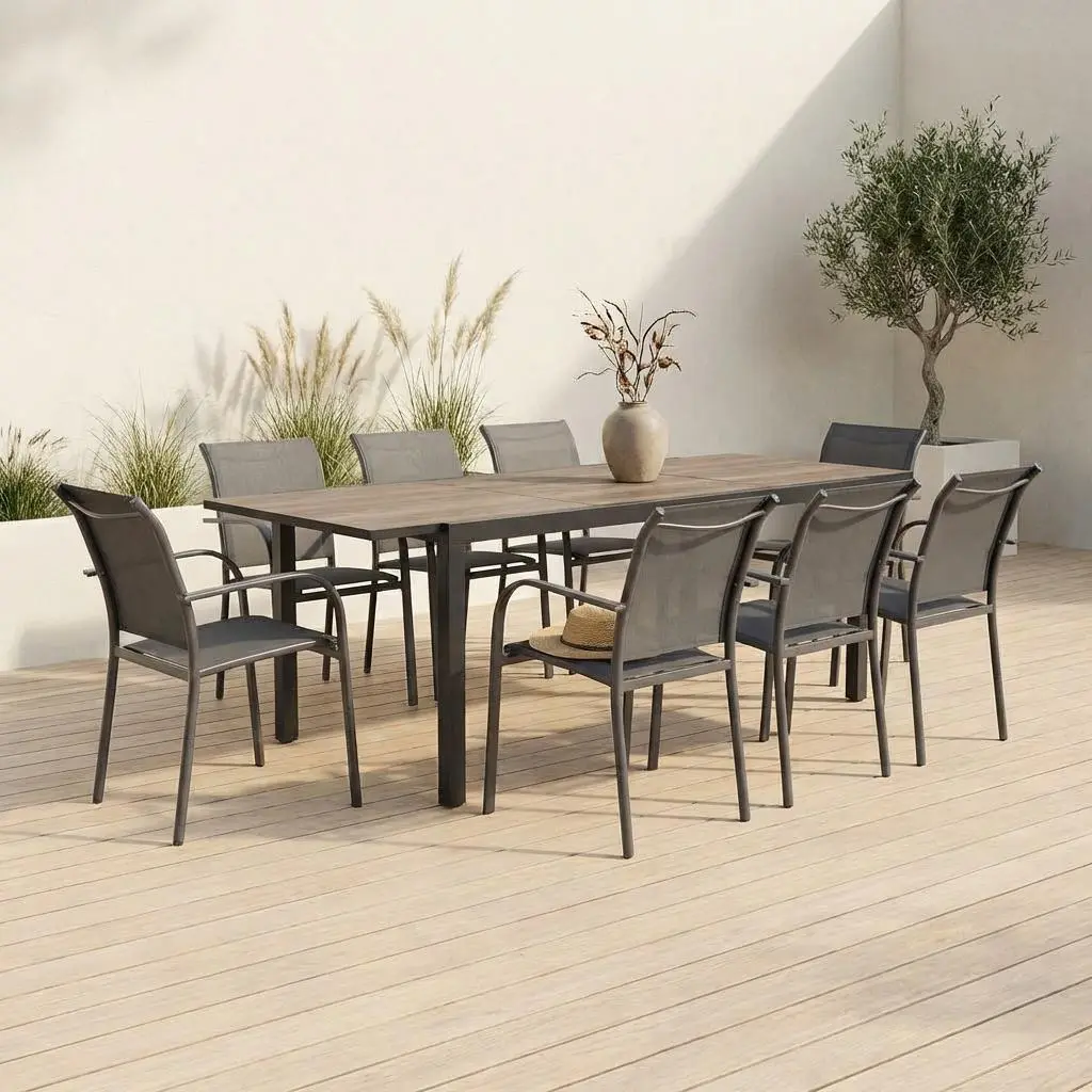 Table de jardin extensible aluminium décor bois + 8 assises