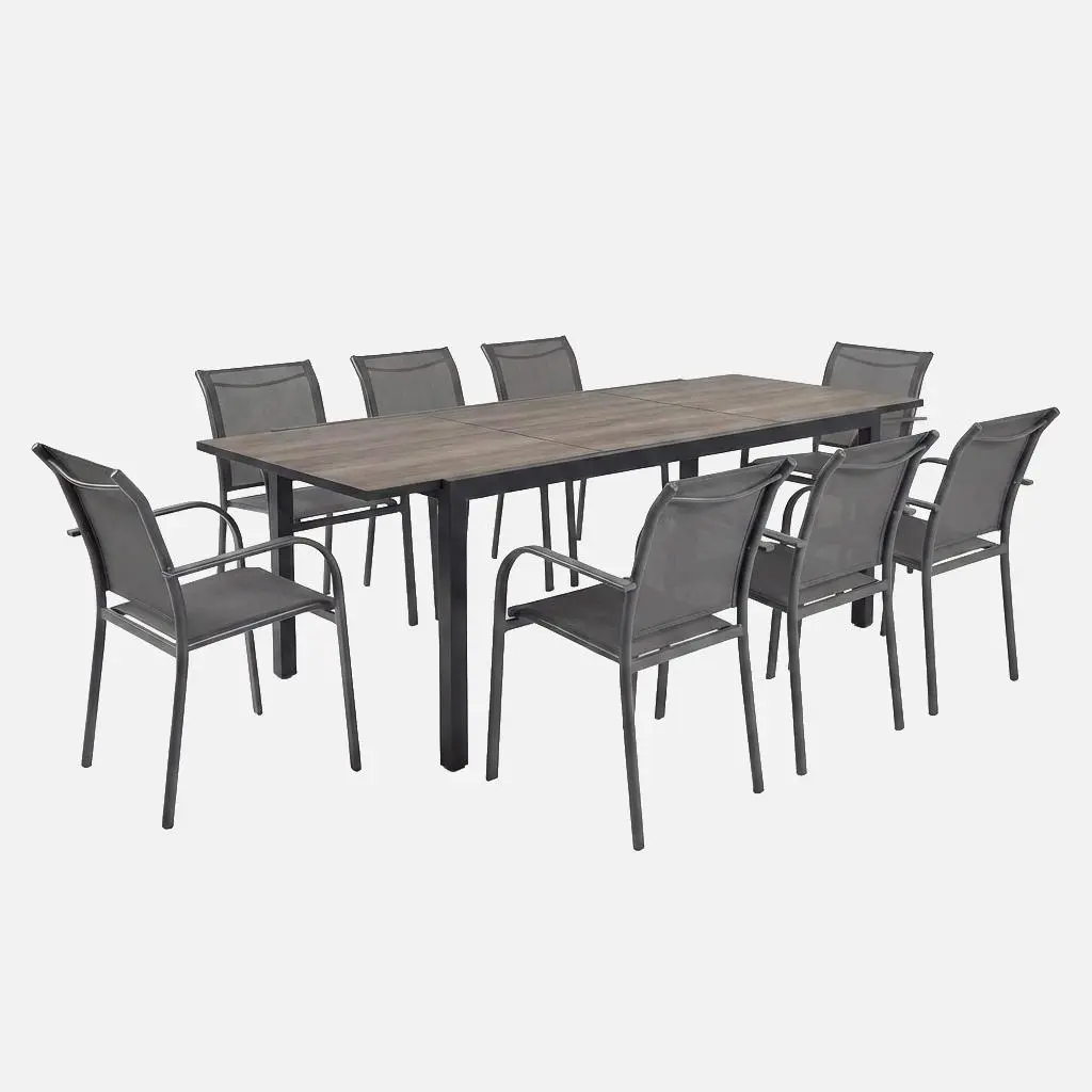 Table de jardin extensible aluminium décor bois + 8 assises