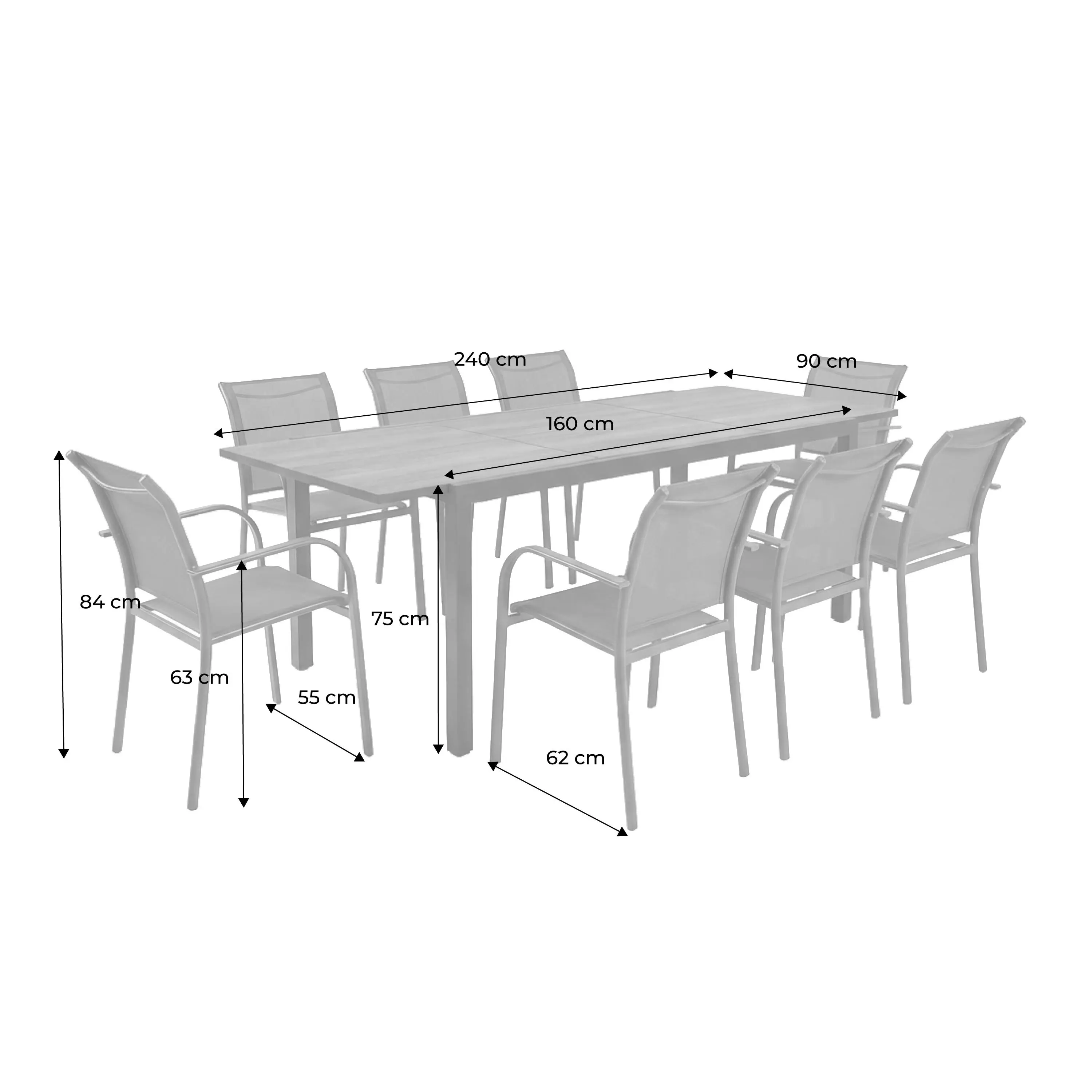 Table de jardin extensible aluminium décor bois + 8 assises