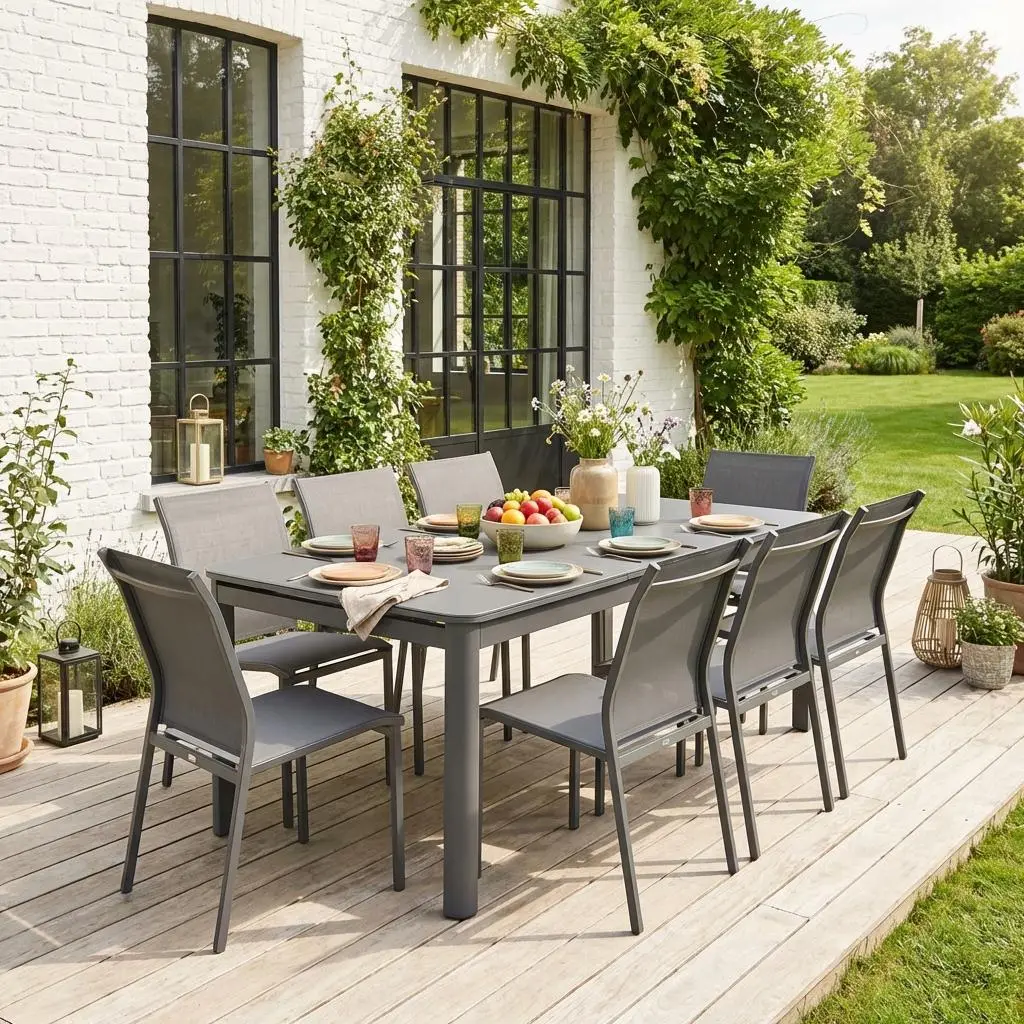 Table de jardin extensible aluminium + 8 assises