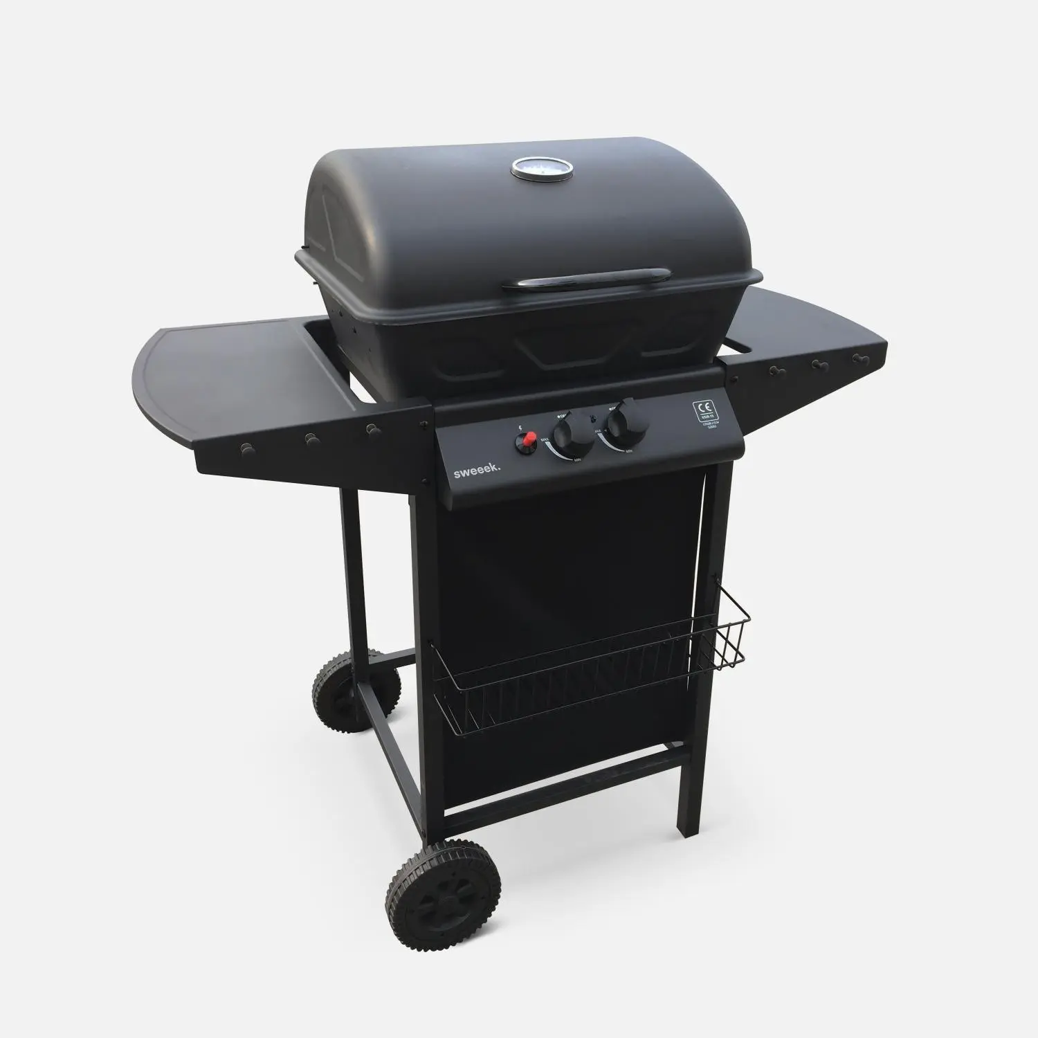 Barbecue gaz 2 brûleurs avec roues, tablettes et thermomètre