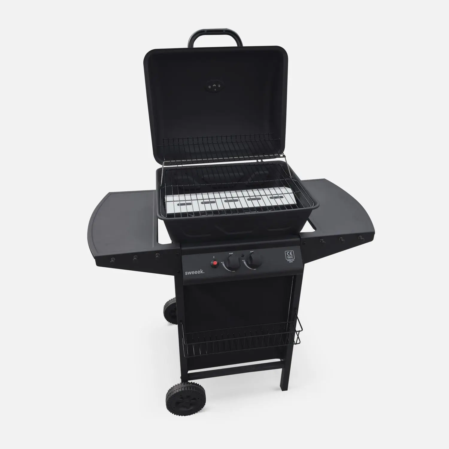 Barbecue gaz 2 brûleurs avec roues, tablettes et thermomètre