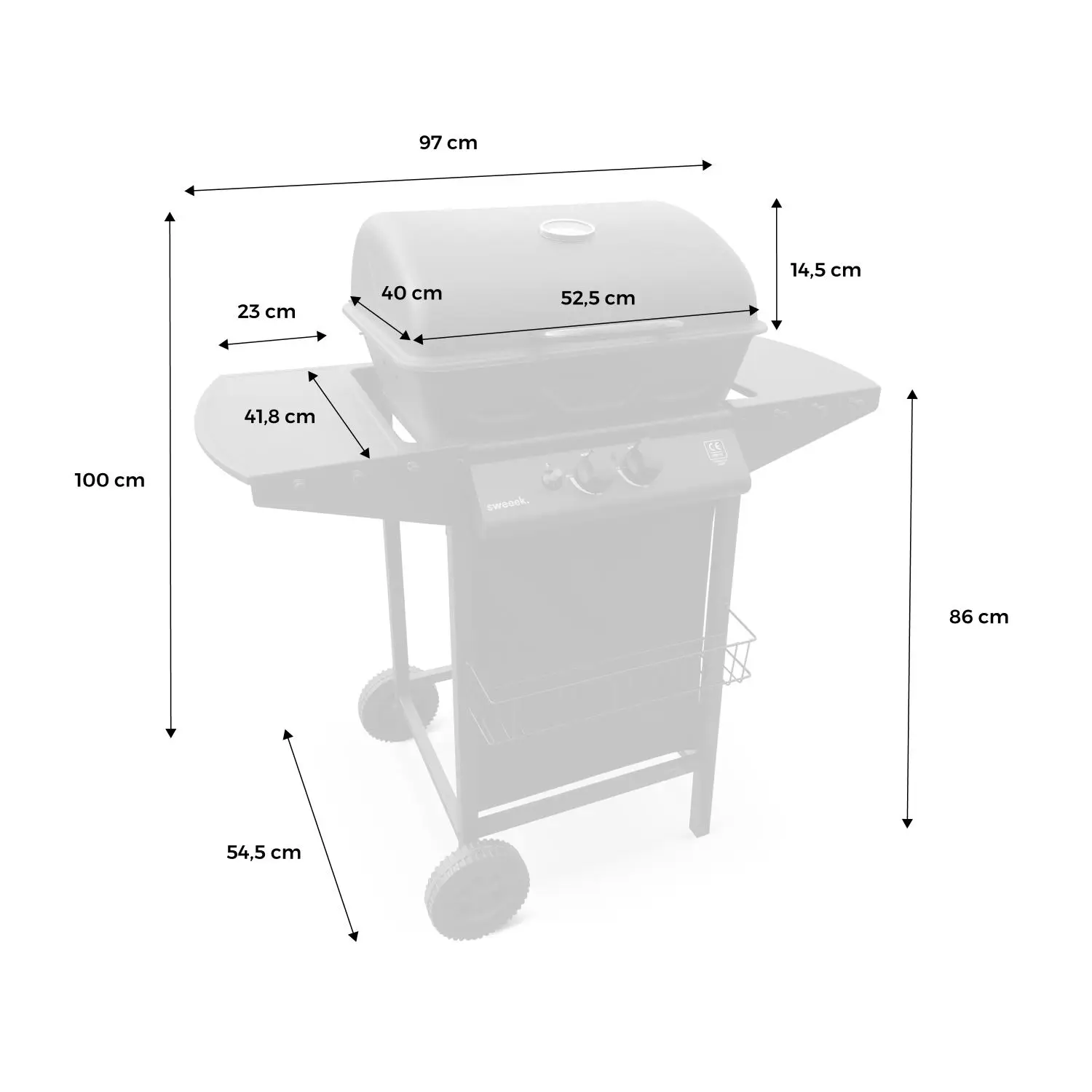 Barbecue gaz 2 brûleurs avec roues, tablettes et thermomètre