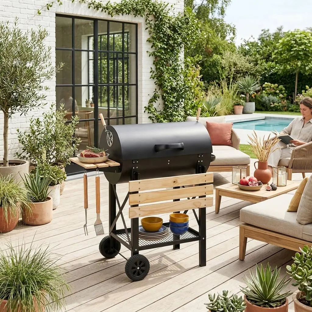 Barbecue charbon de bois, grill et fumoir américain, roues et tablettes rabattables