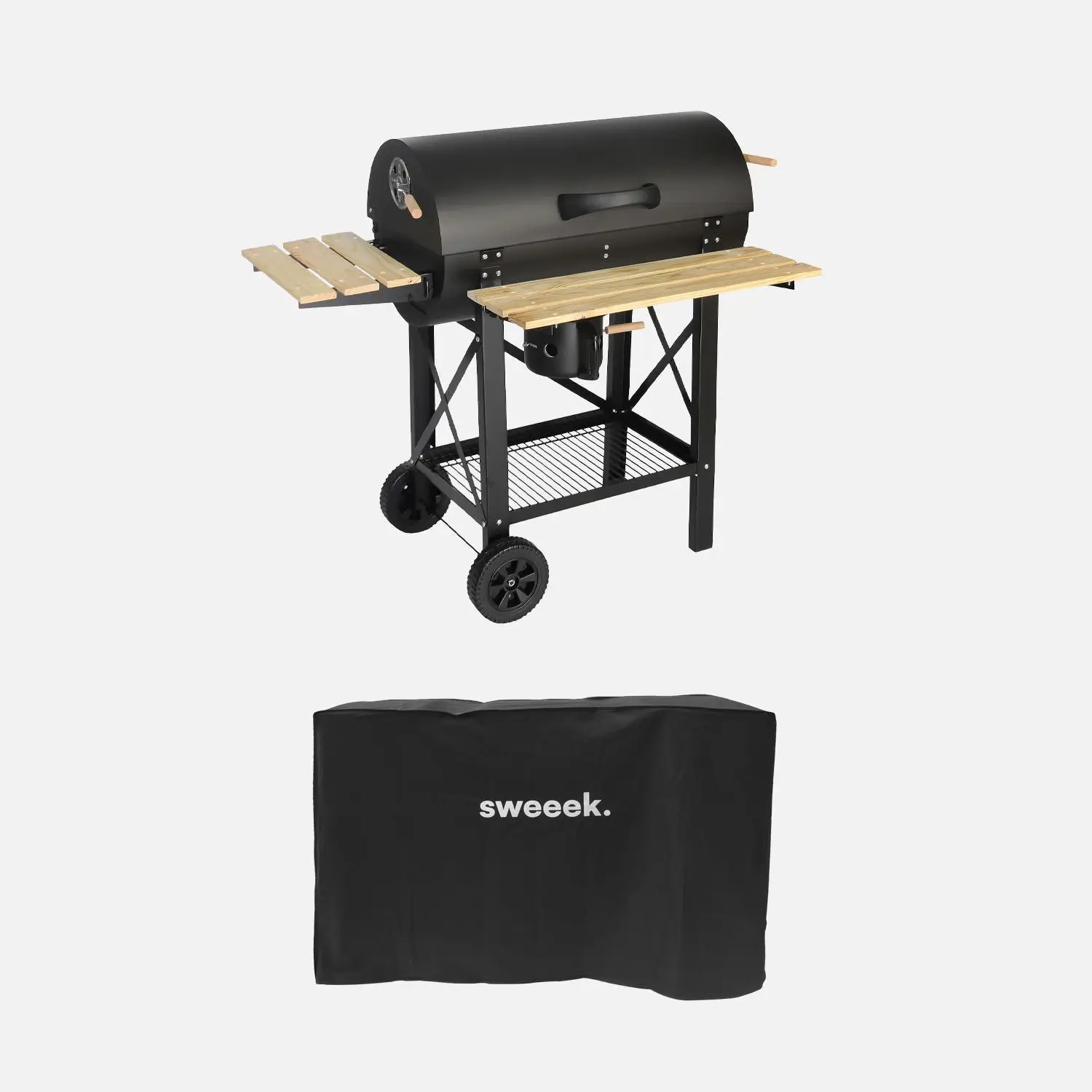 Barbecue charbon de bois, grill et fumoir américain, roues et tablettes rabattables avec housse