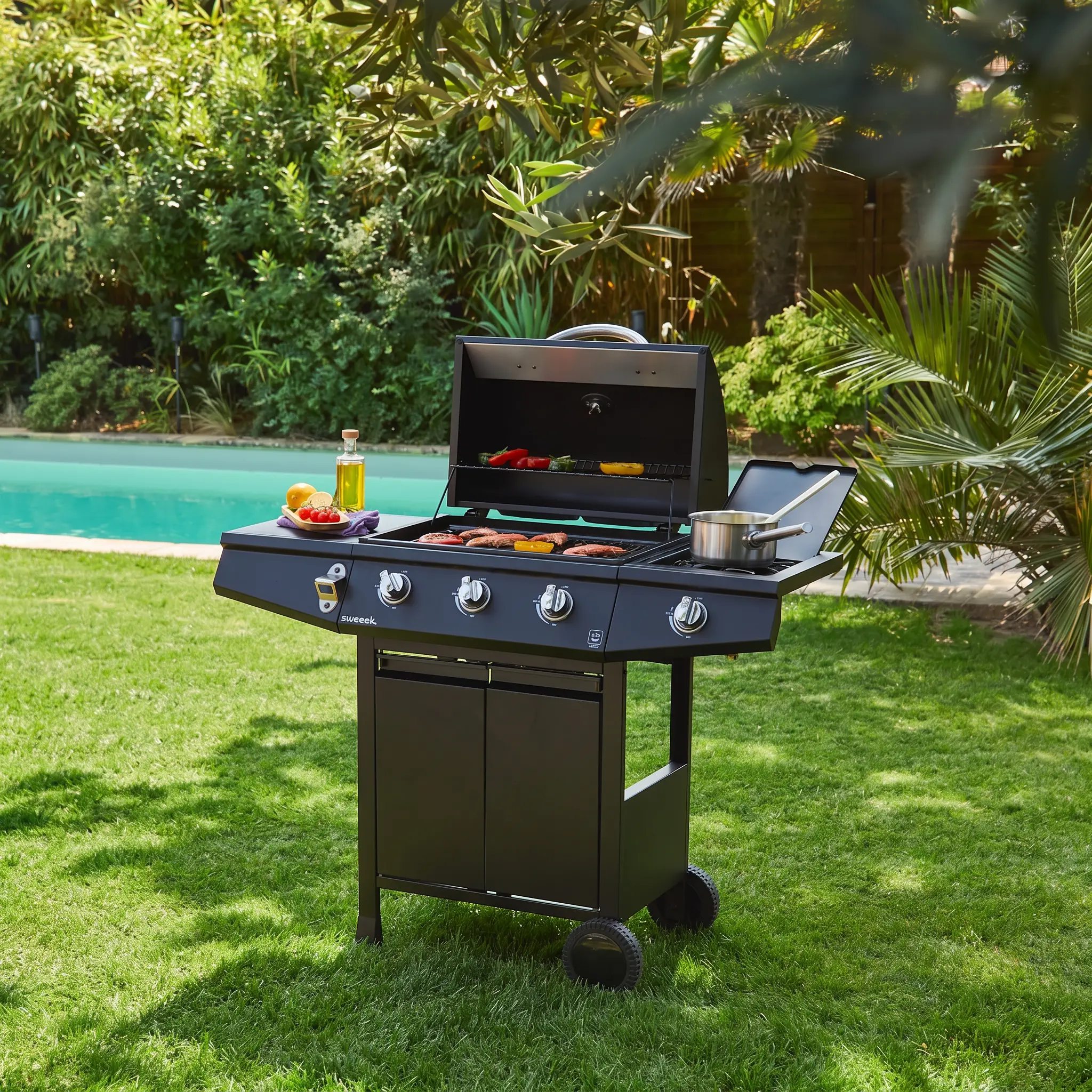 Barbecue gaz 3 brûleurs + 1 feu latéral avec roues, tablettes et thermomètre