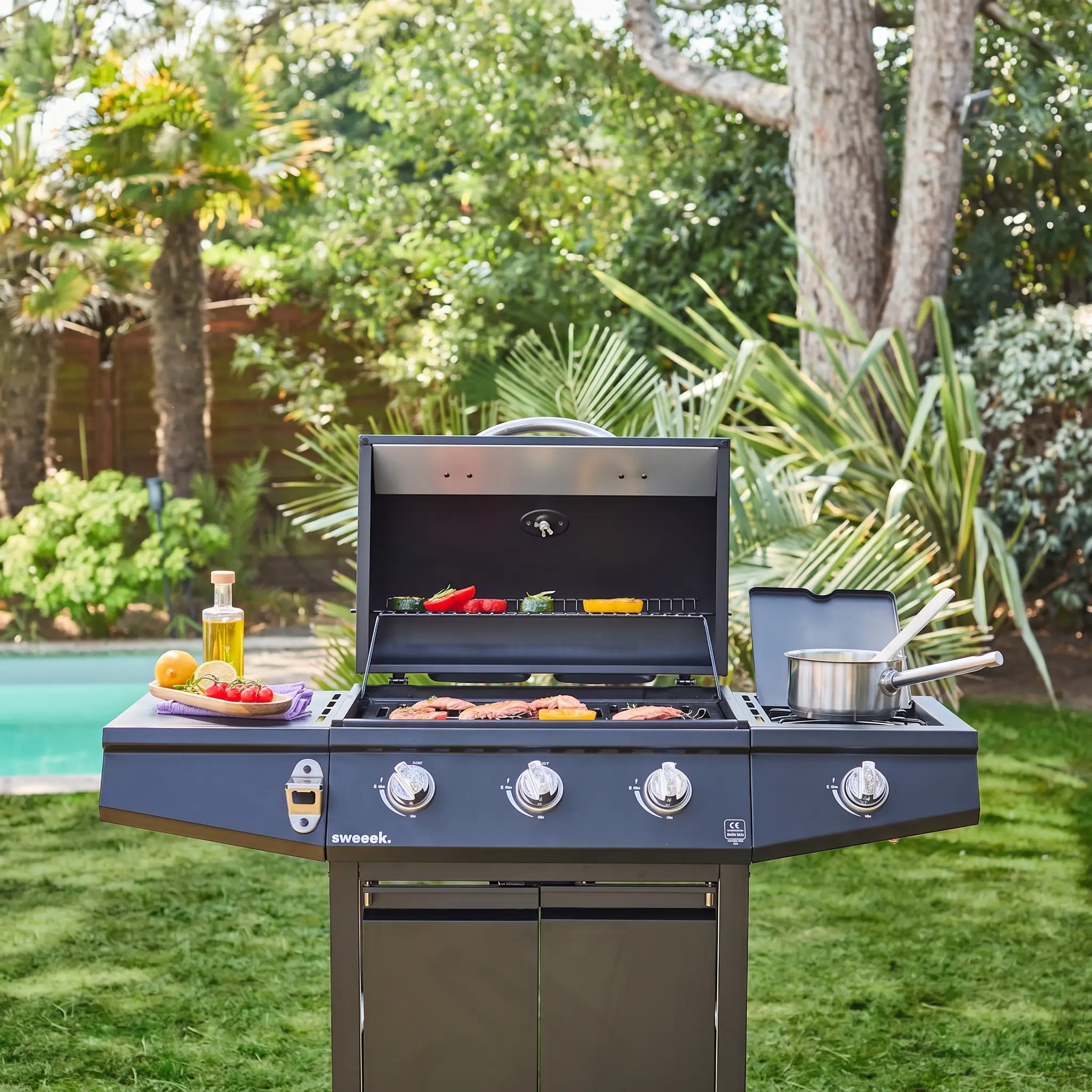 Barbecue gaz 3 brûleurs + 1 feu latéral avec roues, tablettes et thermomètre