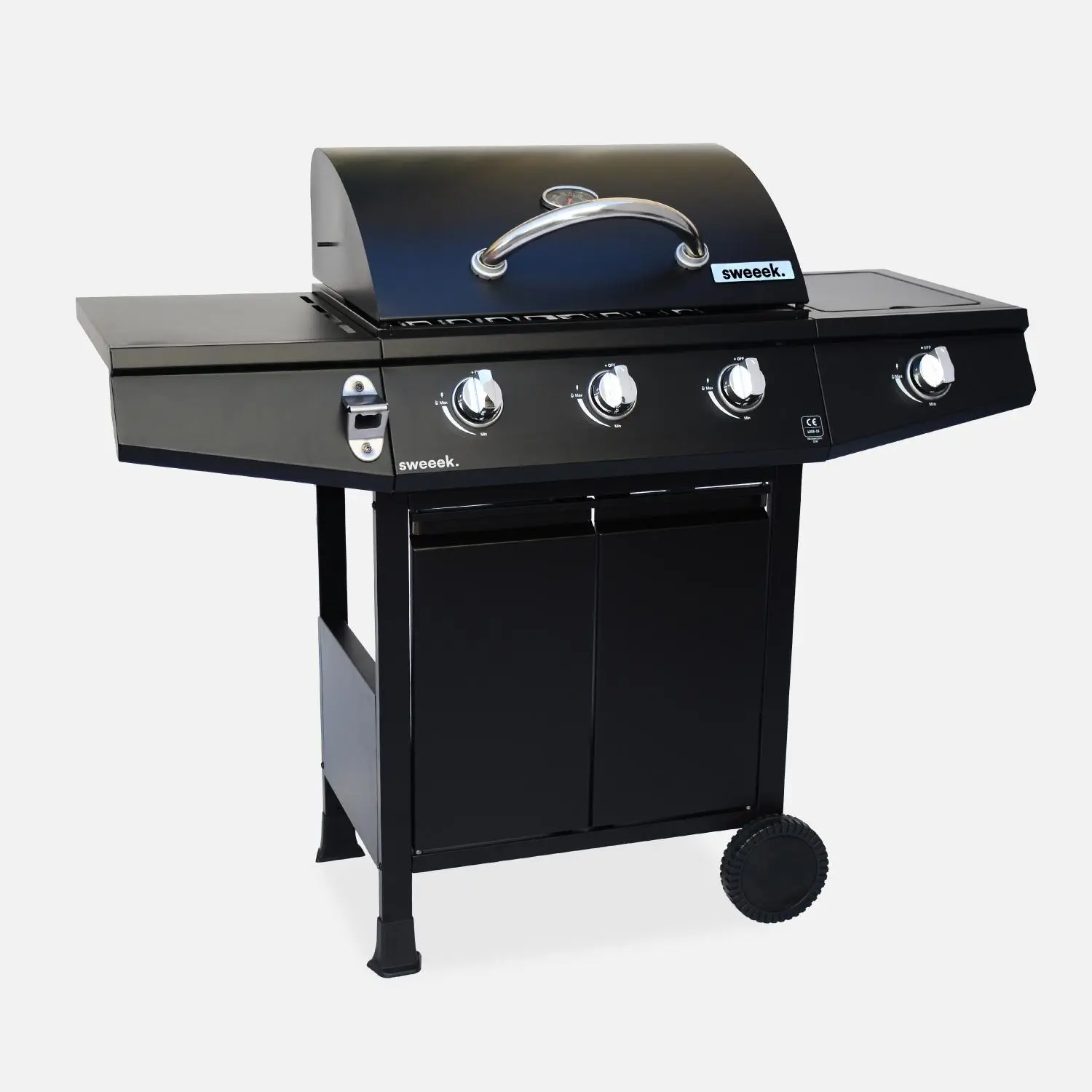 Barbecue gaz 3 brûleurs + 1 feu latéral avec roues, tablettes et thermomètre