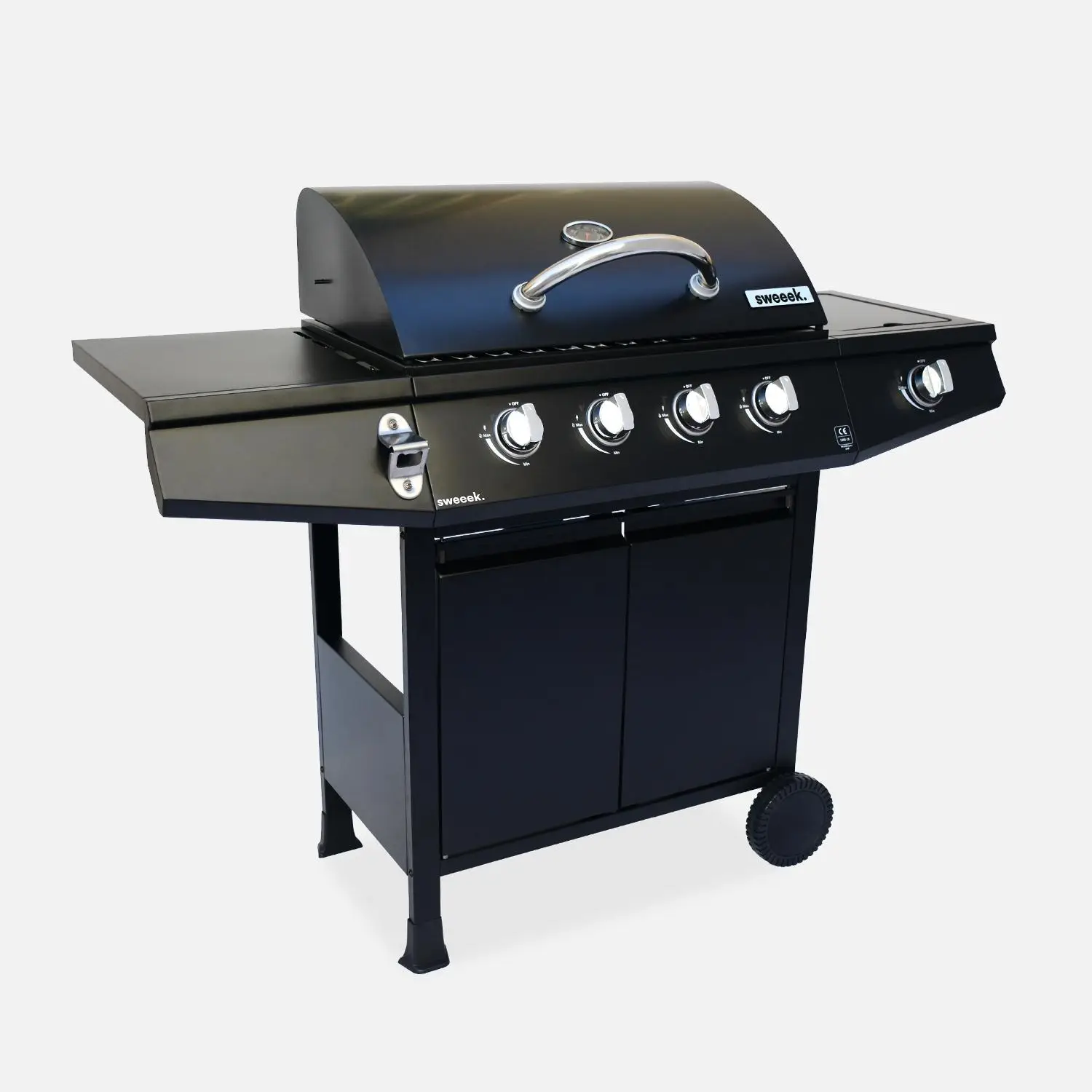Barbecue gaz 4 brûleurs + 1 feu latéral avec roues, tablettes et thermomètre