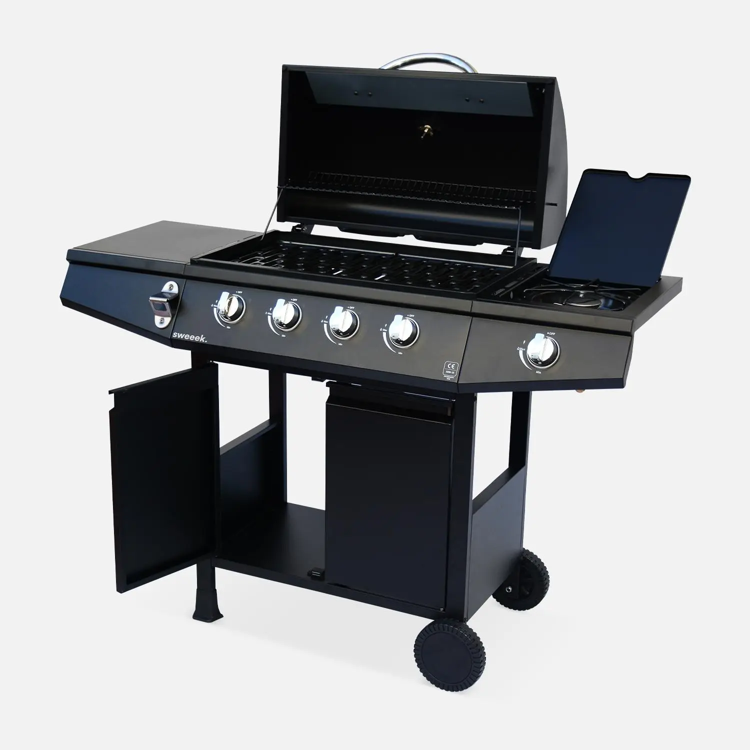 Barbecue gaz 4 brûleurs + 1 feu latéral avec roues, tablettes et thermomètre