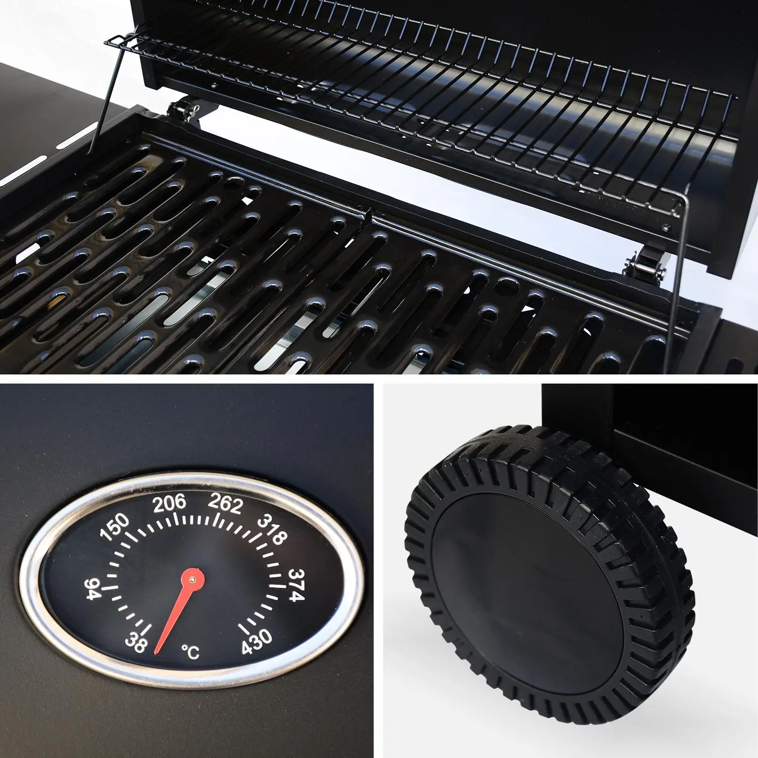 Barbecue gaz 4 brûleurs + 1 feu latéral avec roues, tablettes et thermomètre