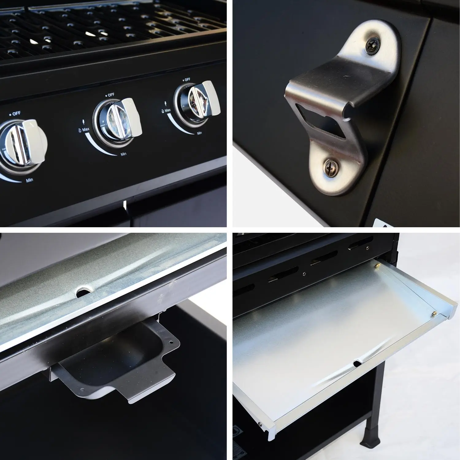 Barbecue gaz 4 brûleurs + 1 feu latéral avec roues, tablettes et thermomètre