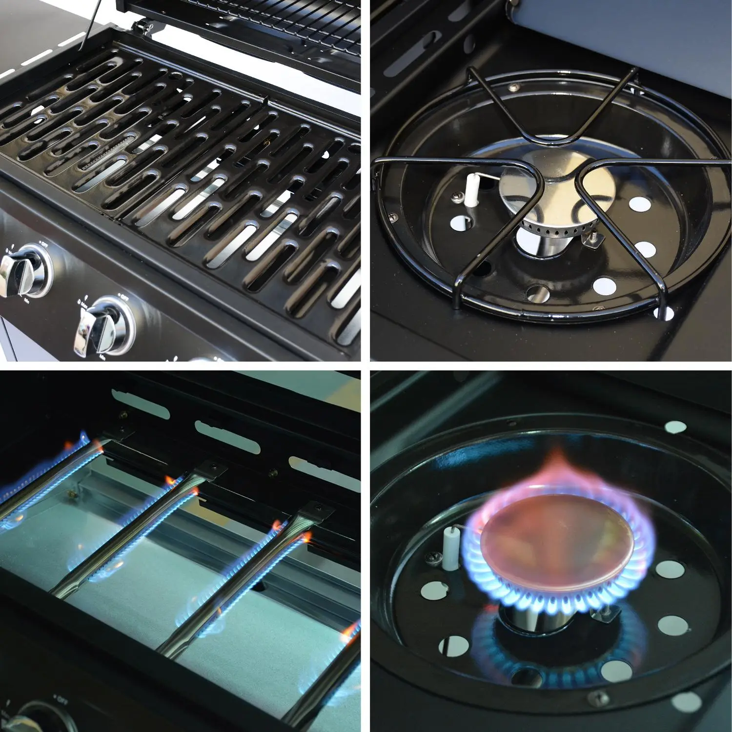 Barbecue gaz 4 brûleurs + 1 feu latéral avec roues, tablettes et thermomètre