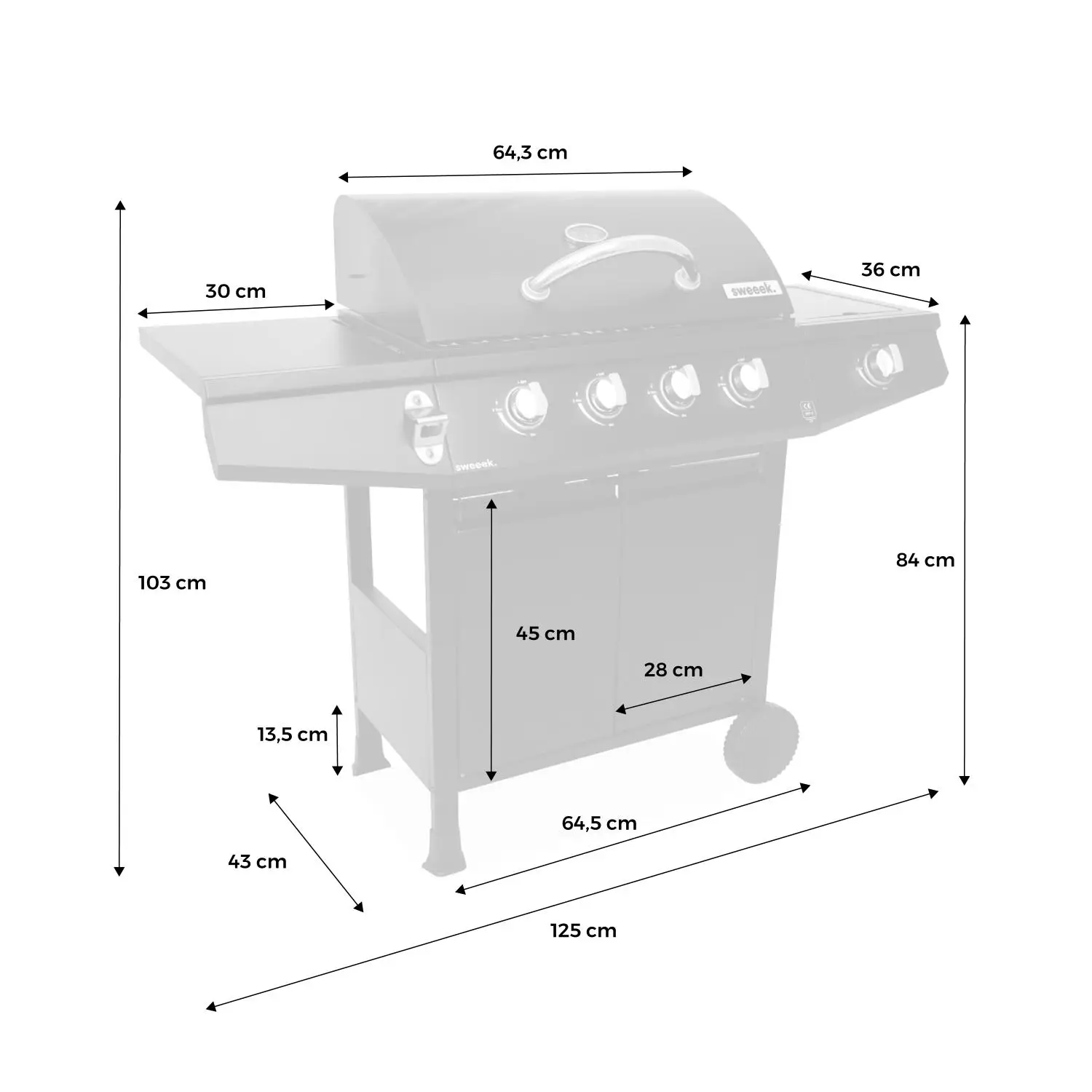 Barbecue gaz 4 brûleurs + 1 feu latéral avec roues, tablettes et thermomètre
