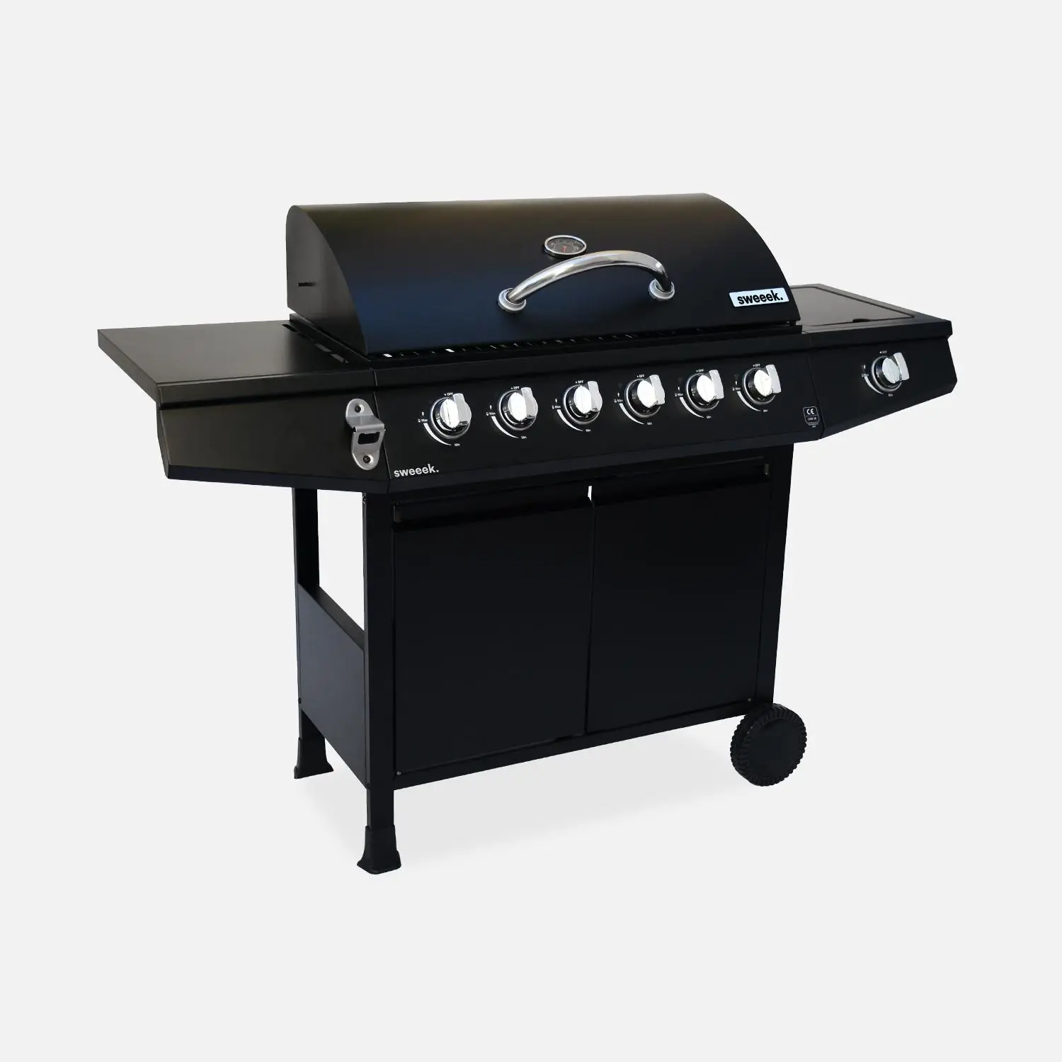 Barbecue gaz 6 brûleurs + 1 feu latéral avec roues, tablettes et thermomètre