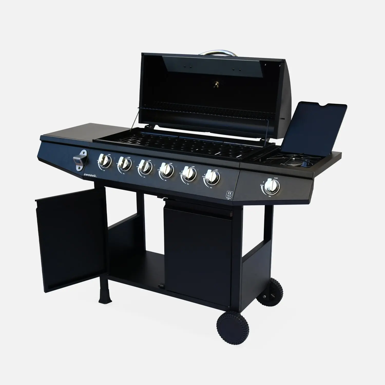 Barbecue gaz 6 brûleurs + 1 feu latéral avec roues, tablettes et thermomètre
