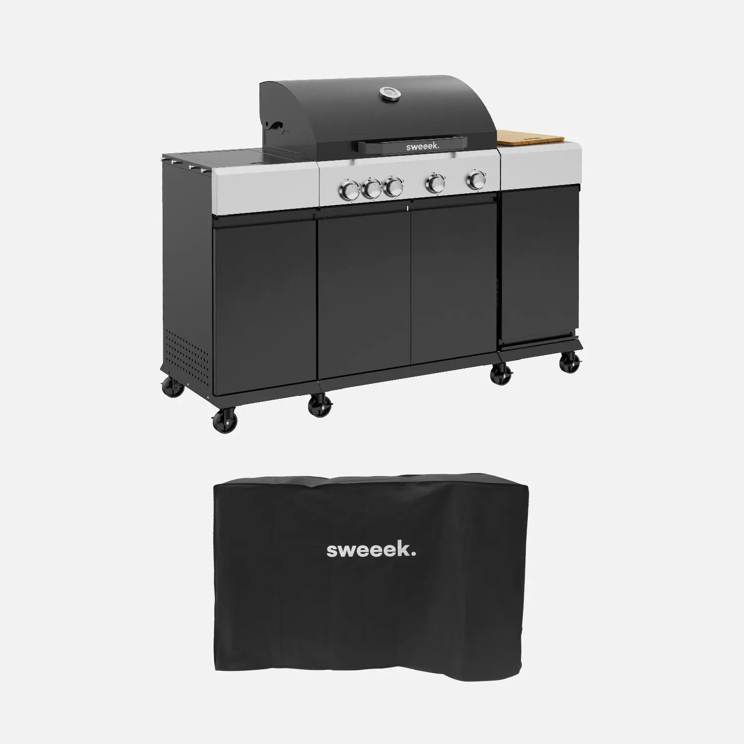 Barbecue gaz 4 brûleurs + 1 feu latéral, cuisine d'extérieure avec tablettes, thermomètre et housse