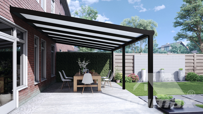 Toiture de terrasse aluminium noir mat 6,06×4 m polycarbonate opale