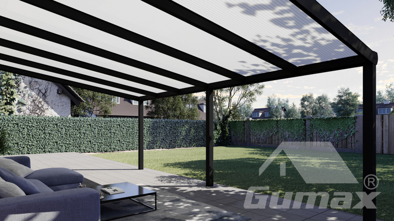 Toiture de terrasse aluminium noir mat 6,06×4 m polycarbonate opale