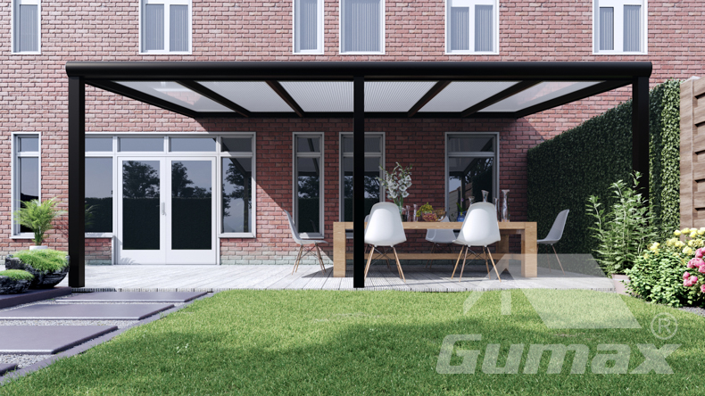 Toiture de terrasse aluminium noir mat 6,06×4 m polycarbonate opale