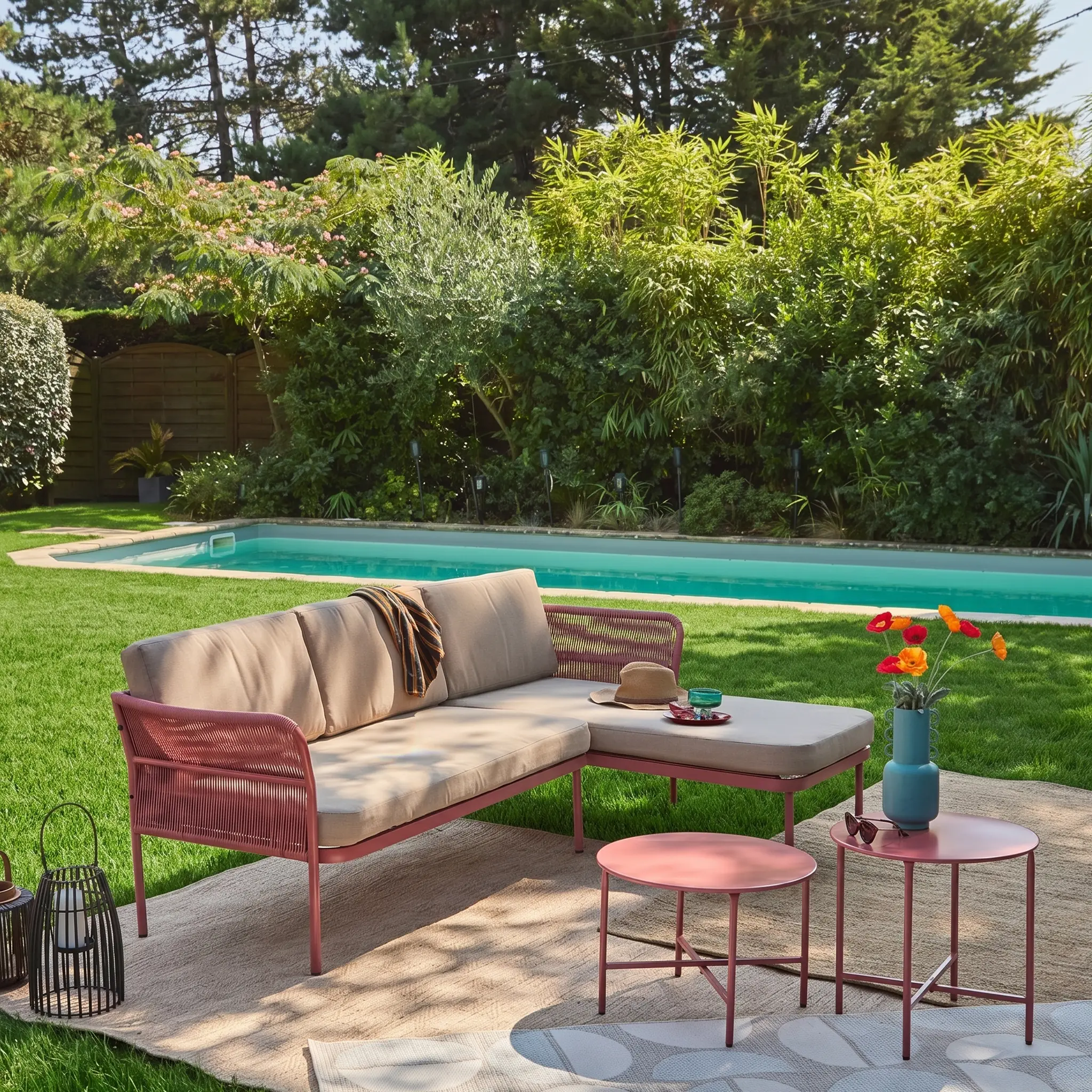 Salon de jardin d'angle acier et cordes 4 places