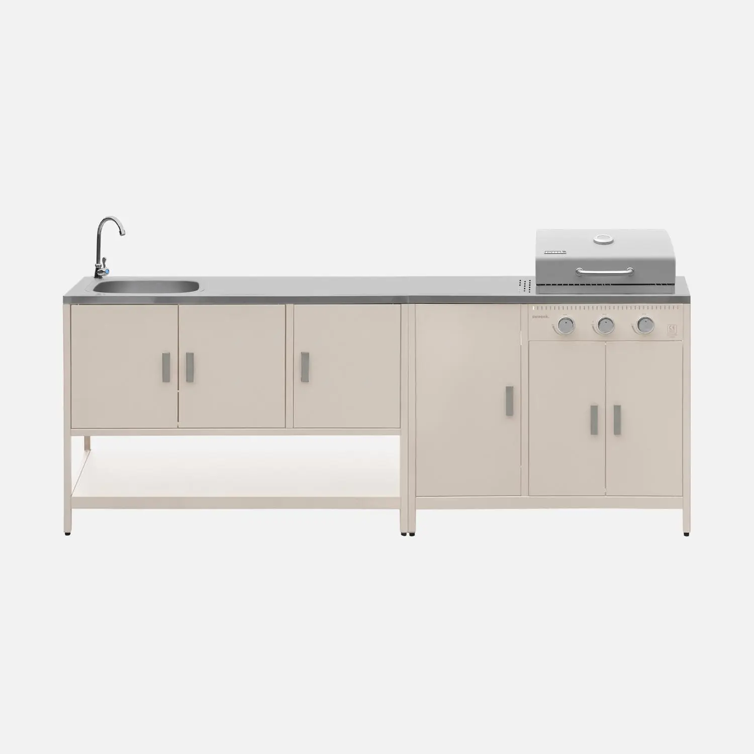 Cuisine d'extérieure 2 modules avec barbecue gaz 3 brûleurs sur pieds, thermomètre