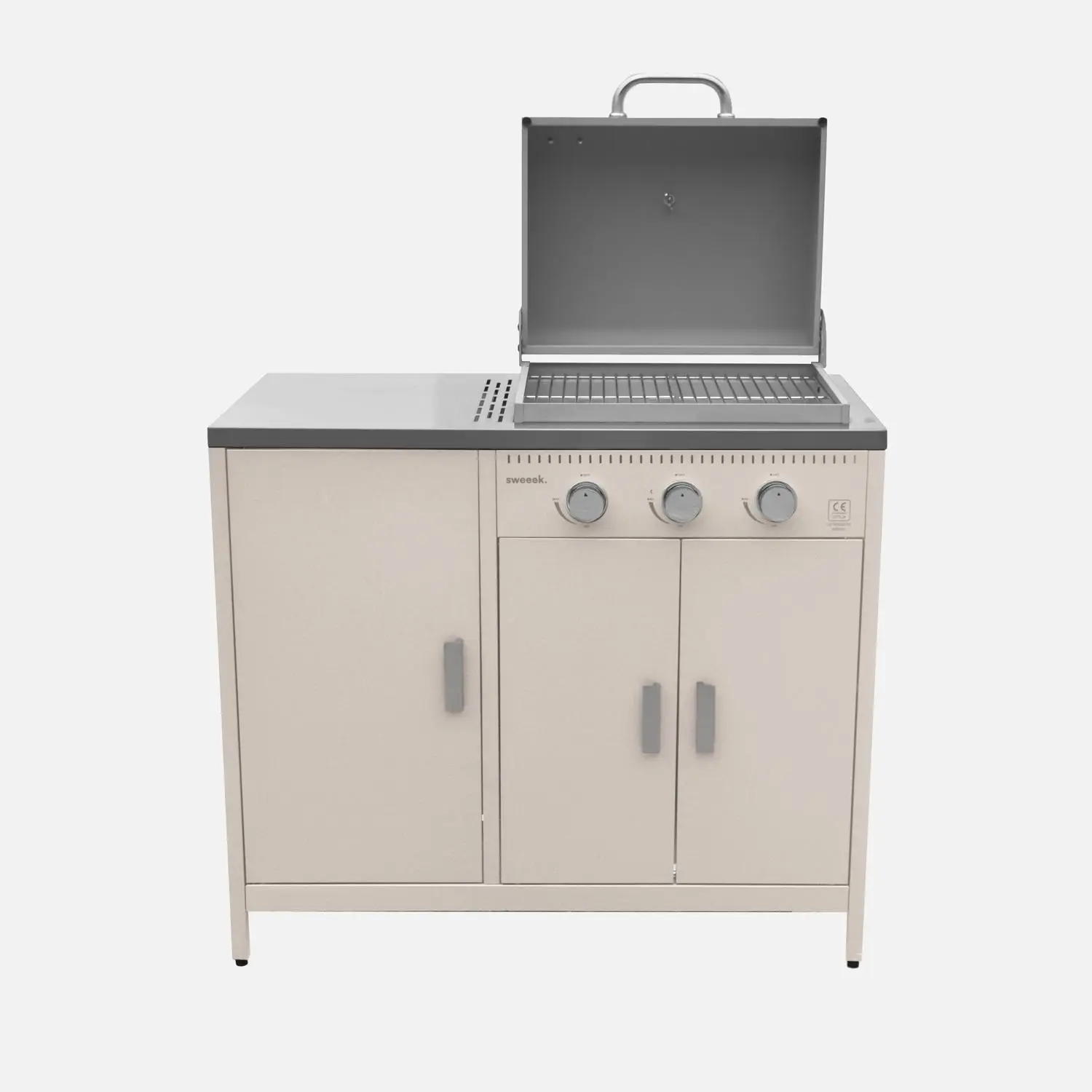 Cuisine d'extérieure 2 modules avec barbecue gaz 3 brûleurs sur pieds, thermomètre