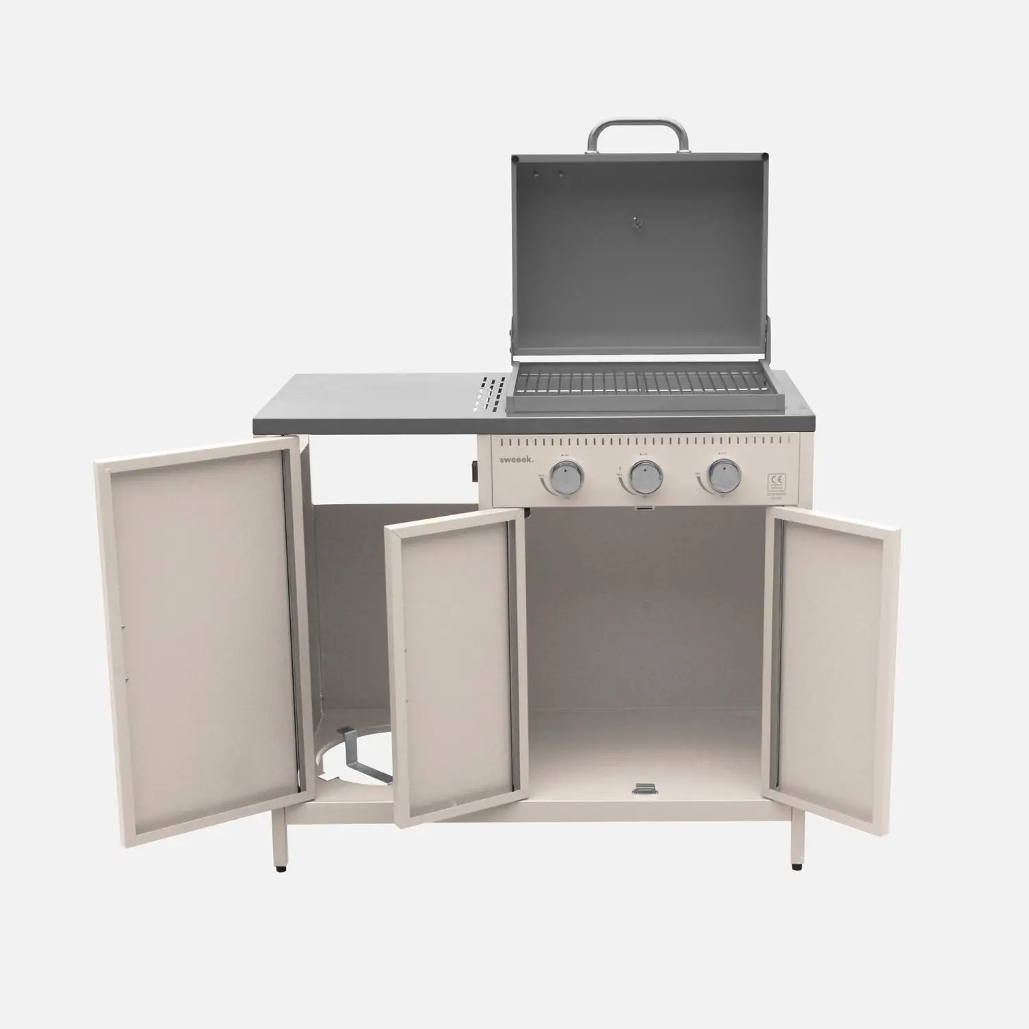 Cuisine d'extérieure 2 modules avec barbecue gaz 3 brûleurs sur pieds, thermomètre