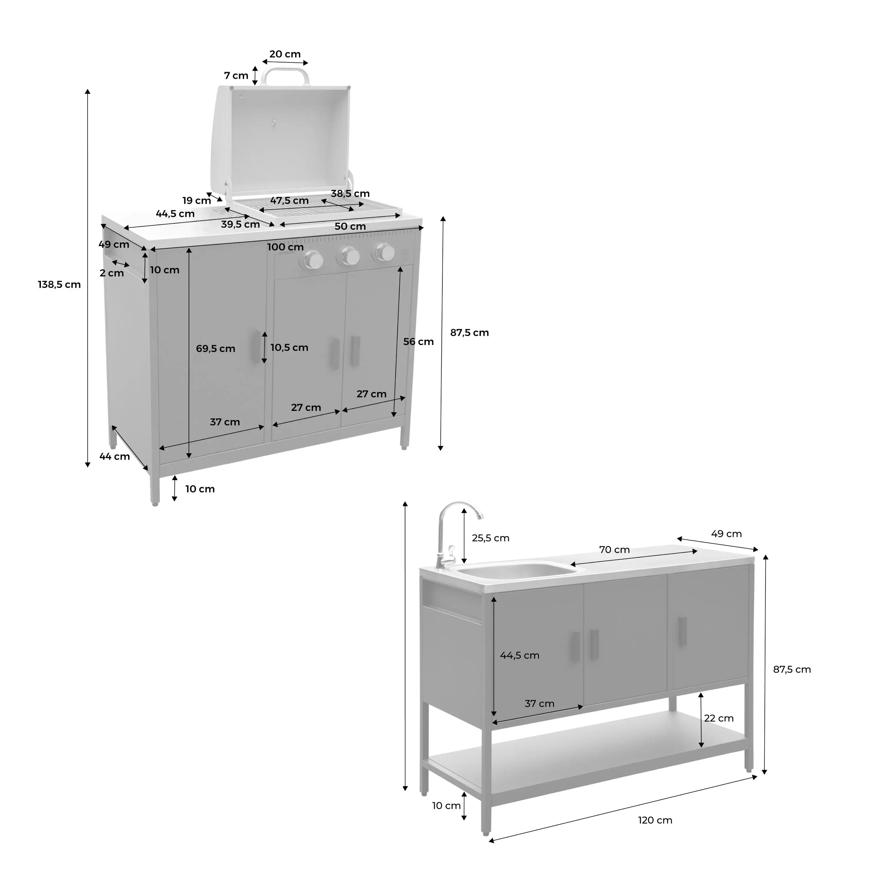 Cuisine d'extérieure 2 modules avec barbecue gaz 3 brûleurs sur pieds, thermomètre