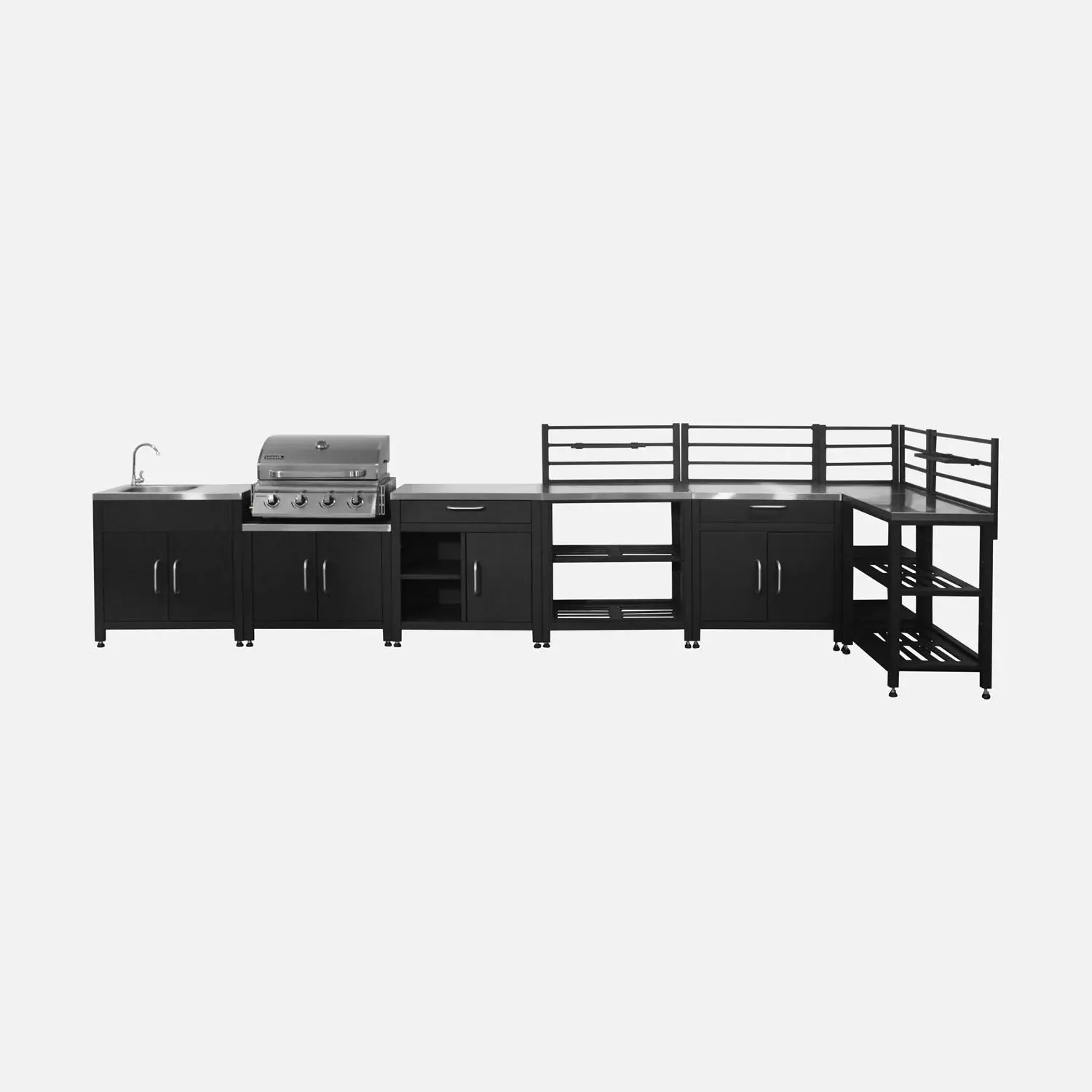 Cuisine d'extérieure 7 modules avec barbecue gaz 4 brûleurs sur pieds, thermomètre