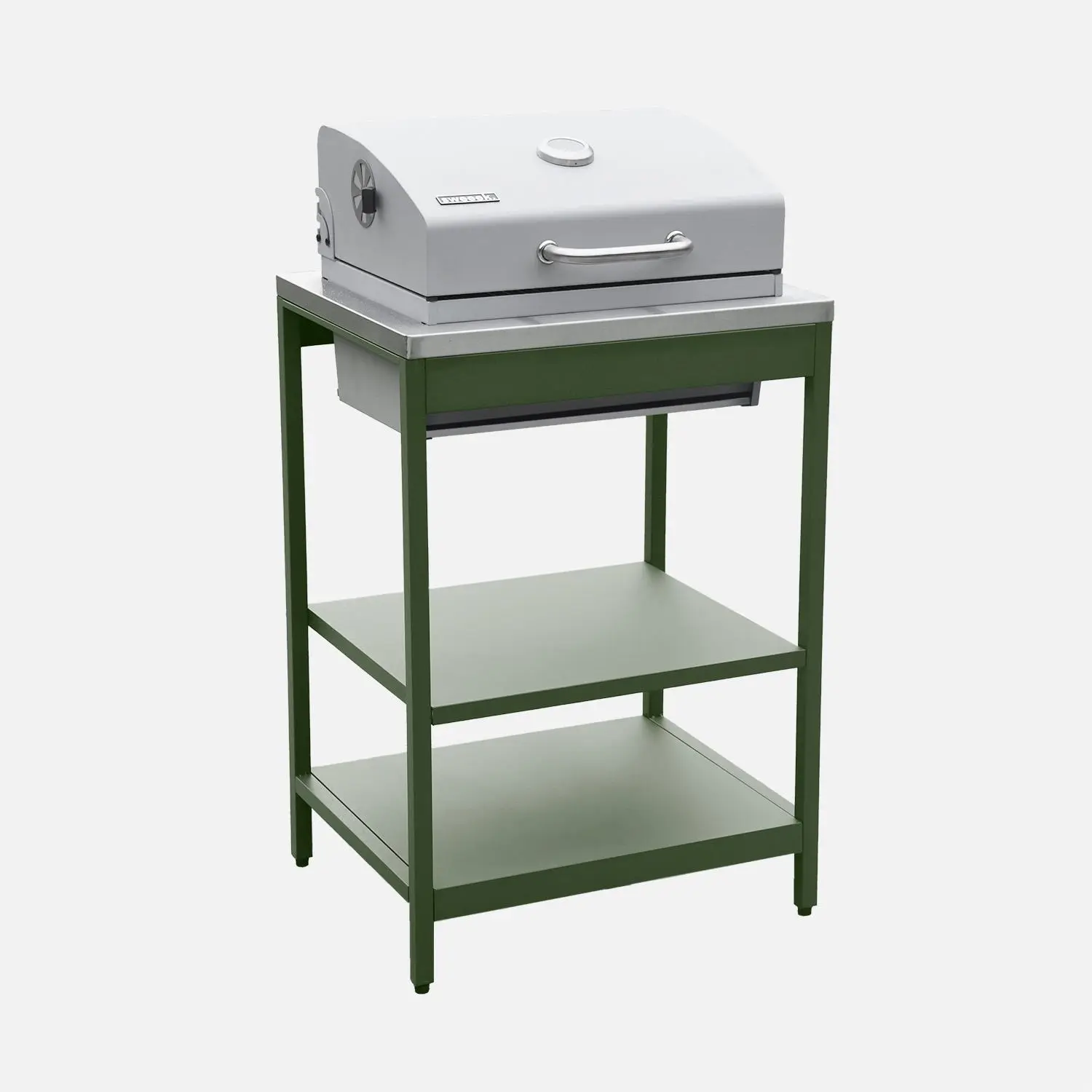 Cuisine d'extérieure 2 modules avec barbecue charbon de bois sur pieds, 2 étagères et thermomètre