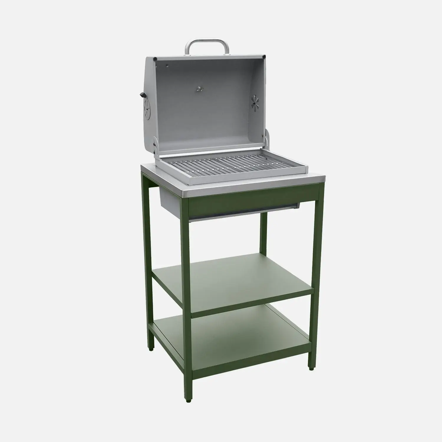 Cuisine d'extérieure 2 modules avec barbecue charbon de bois sur pieds, 2 étagères et thermomètre