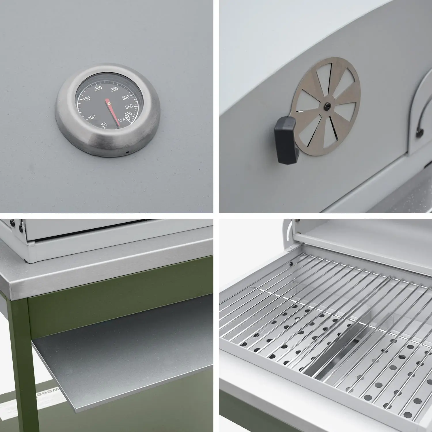 Cuisine d'extérieure 2 modules avec barbecue charbon de bois sur pieds, 2 étagères et thermomètre