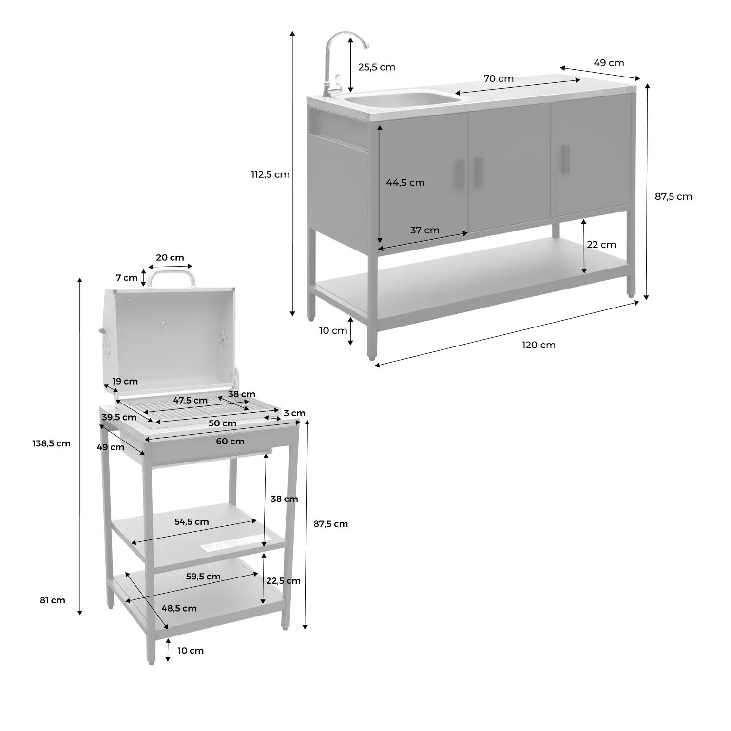 Cuisine d'extérieure 2 modules avec barbecue charbon de bois sur pieds, 2 étagères et thermomètre