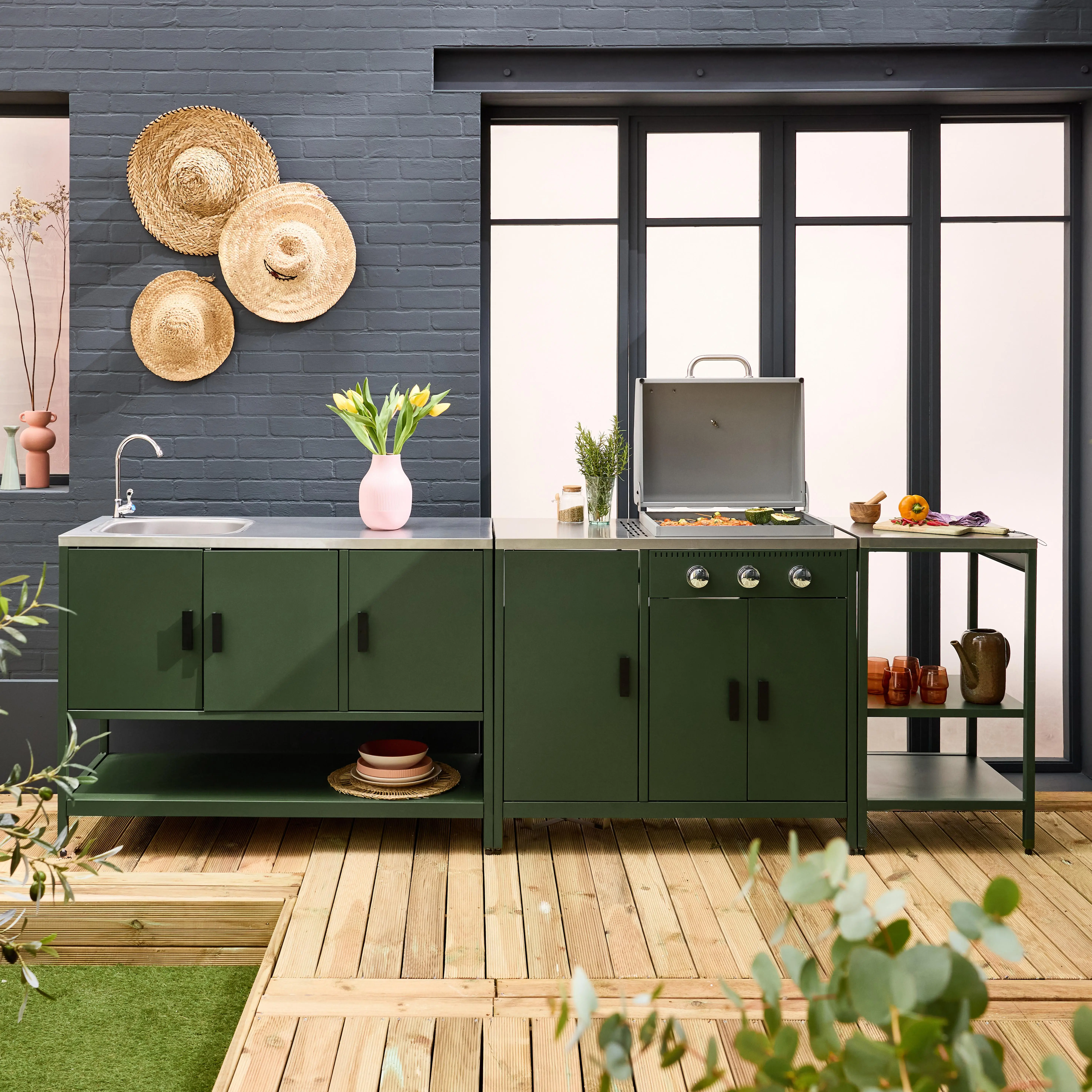 Cuisine d'extérieure 3 modules avec barbecue gaz 3 brûleurs sur pieds, thermomètre