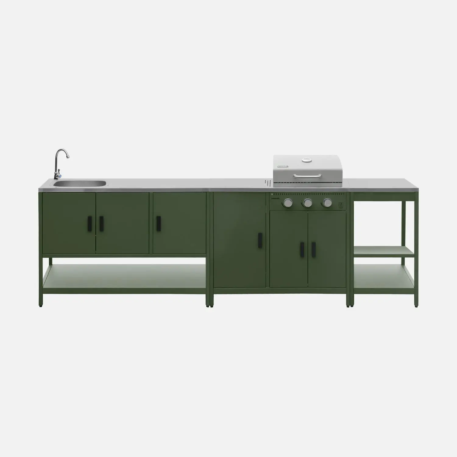 Cuisine d'extérieure 3 modules avec barbecue gaz 3 brûleurs sur pieds, thermomètre