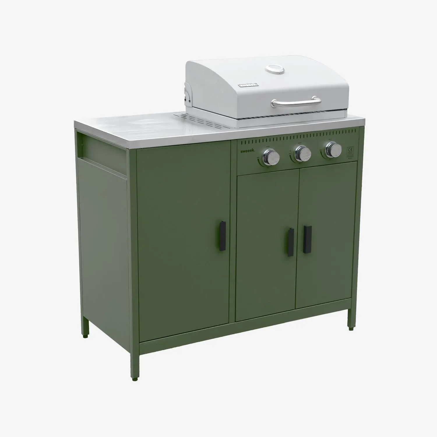 Cuisine d'extérieure 3 modules avec barbecue gaz 3 brûleurs sur pieds, thermomètre
