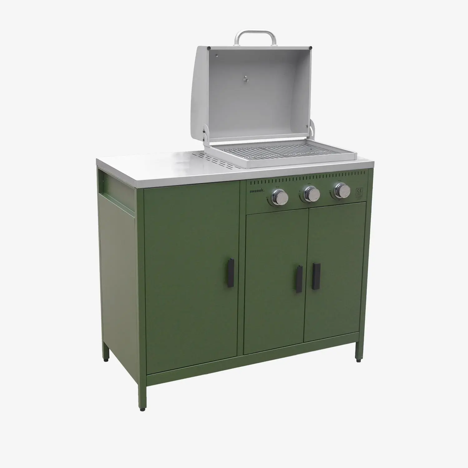 Cuisine d'extérieure 3 modules avec barbecue gaz 3 brûleurs sur pieds, thermomètre