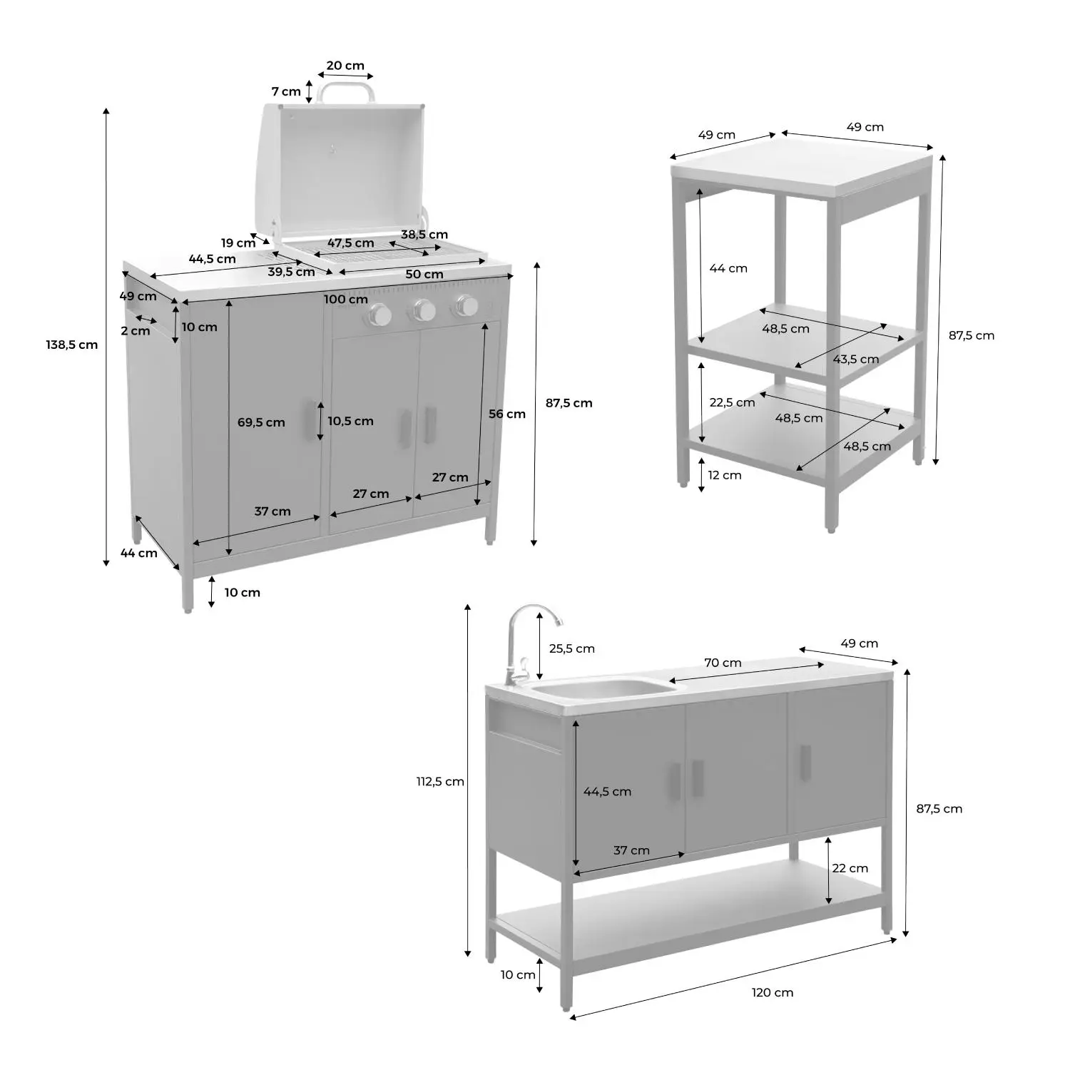 Cuisine d'extérieure 3 modules avec barbecue gaz 3 brûleurs sur pieds, thermomètre