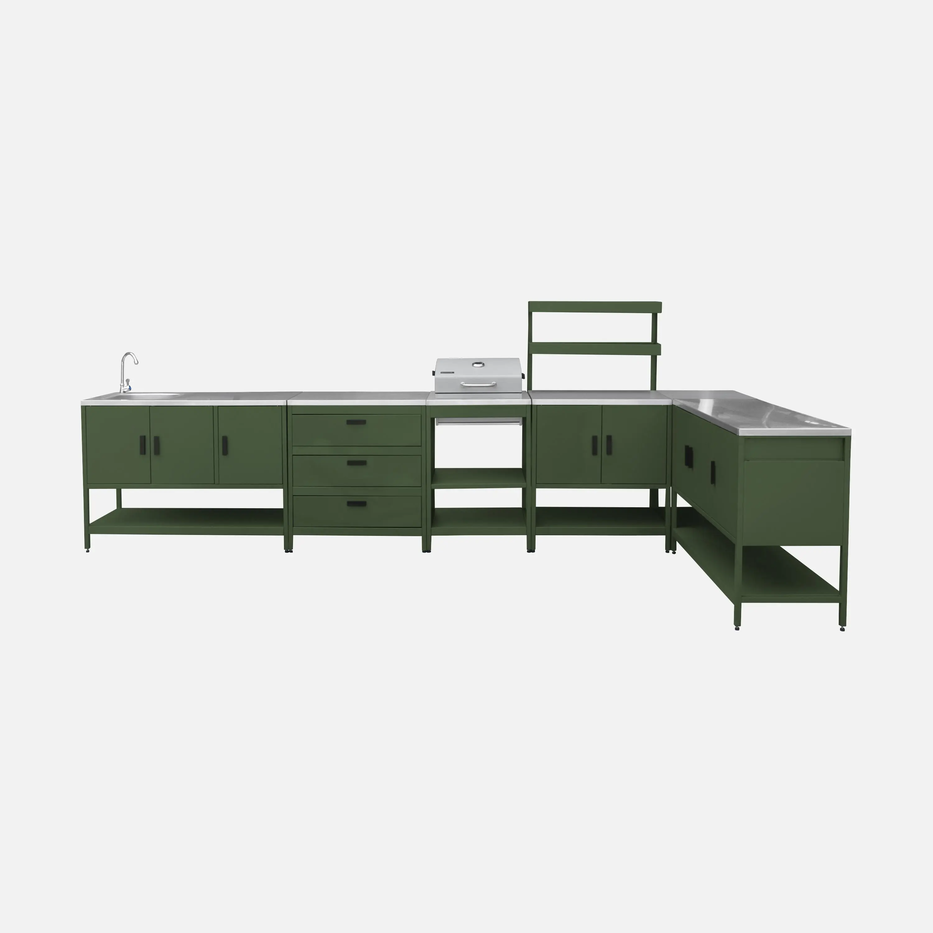 Cuisine d'extérieure 5 modules avec barbecue charbon de bois sur pieds, 2 étagères et thermomètre