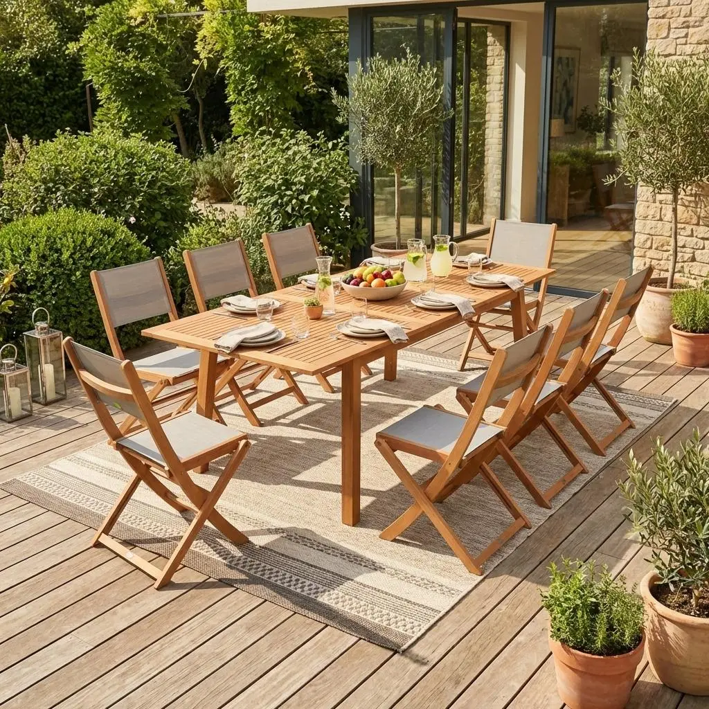 Table de jardin extensible bois d'eucalyptus + 8 assises