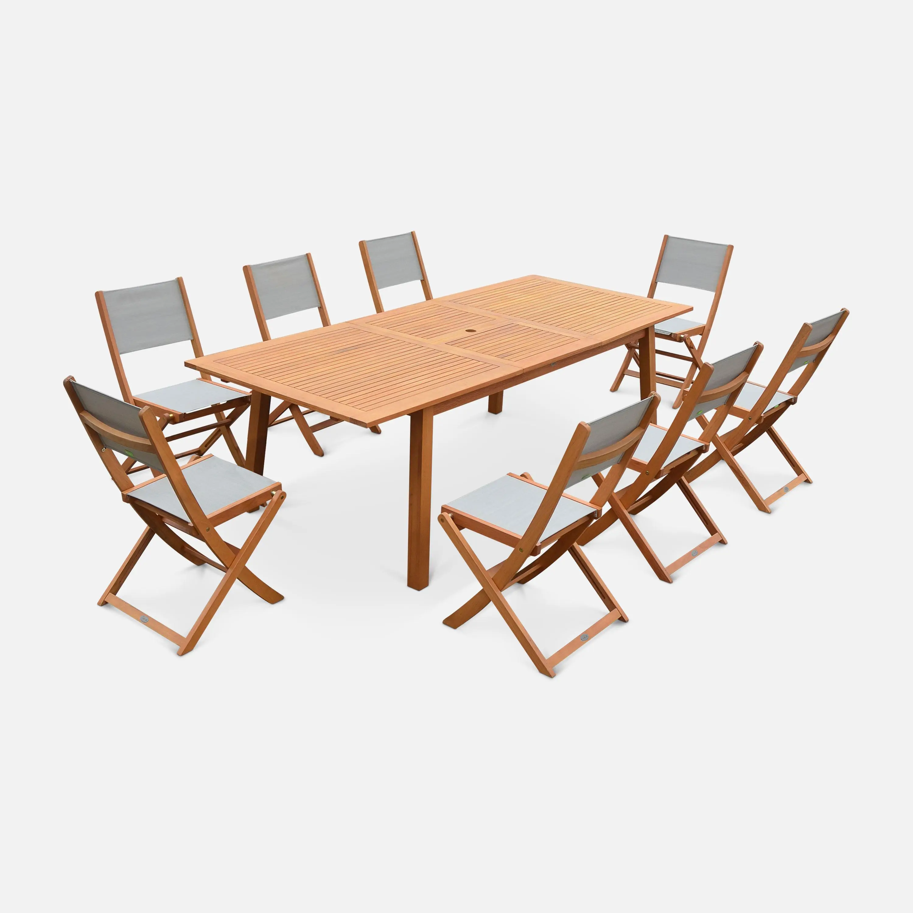 Table de jardin extensible bois d'eucalyptus + 8 assises