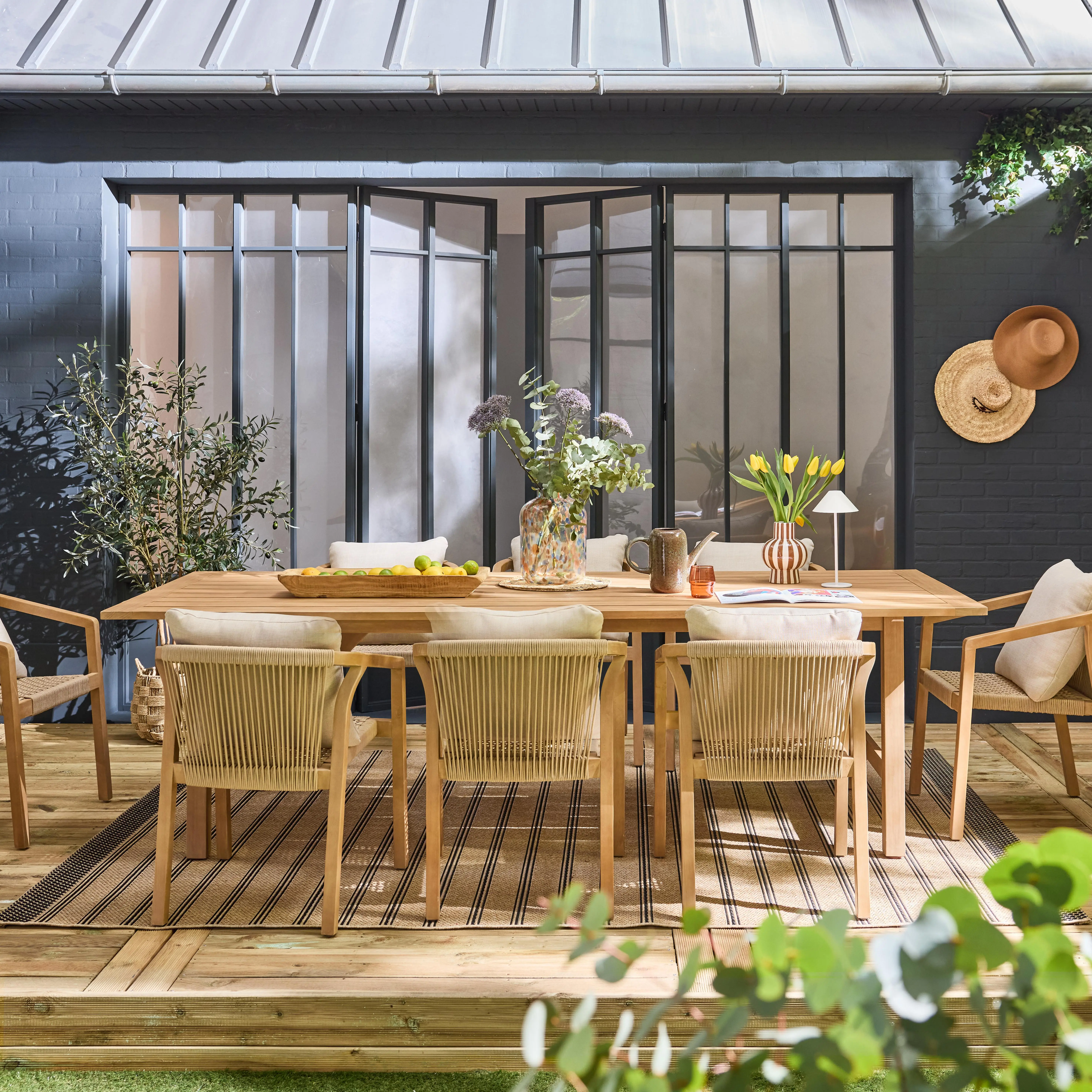 Table de jardin bois d'eucalyptus et cordes 8 fauteuils